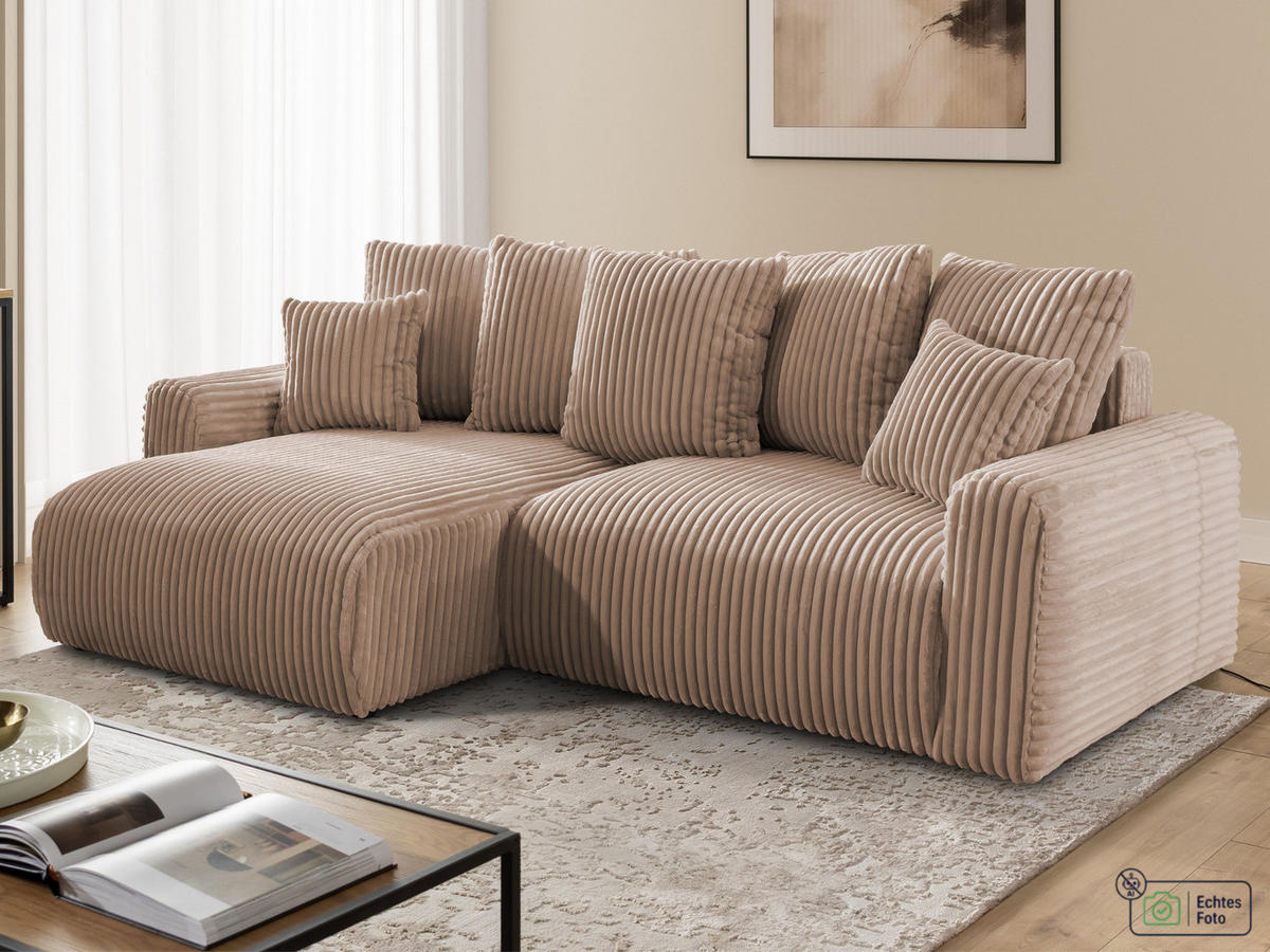ECKSOFA Calma mit Schlaffunktion und Bettkasten im Bumpy-Design aus weichem Beige Plüschcord - Ottomane links - Beige/Schwarz, Holz/Kunststoff (239/140cm) - S-Style