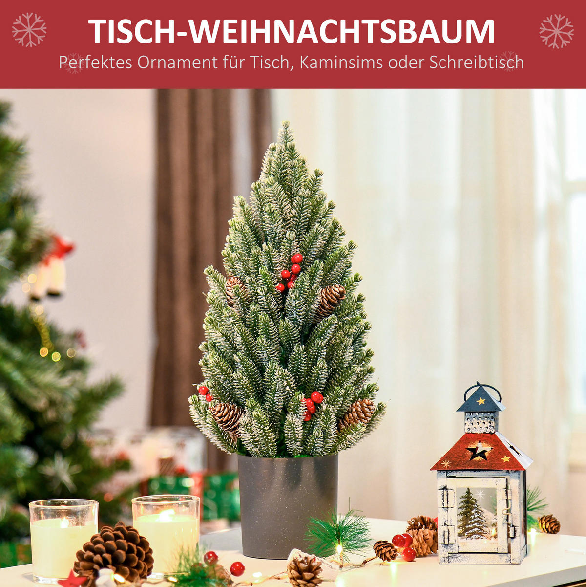 WEIHNACHTSBÄUME 27/27/47 cm grün aus Kunststoff mit Schneeoptik, Beeren und Zapfen - Grün, Kunststoff (47cm) - OKWISH