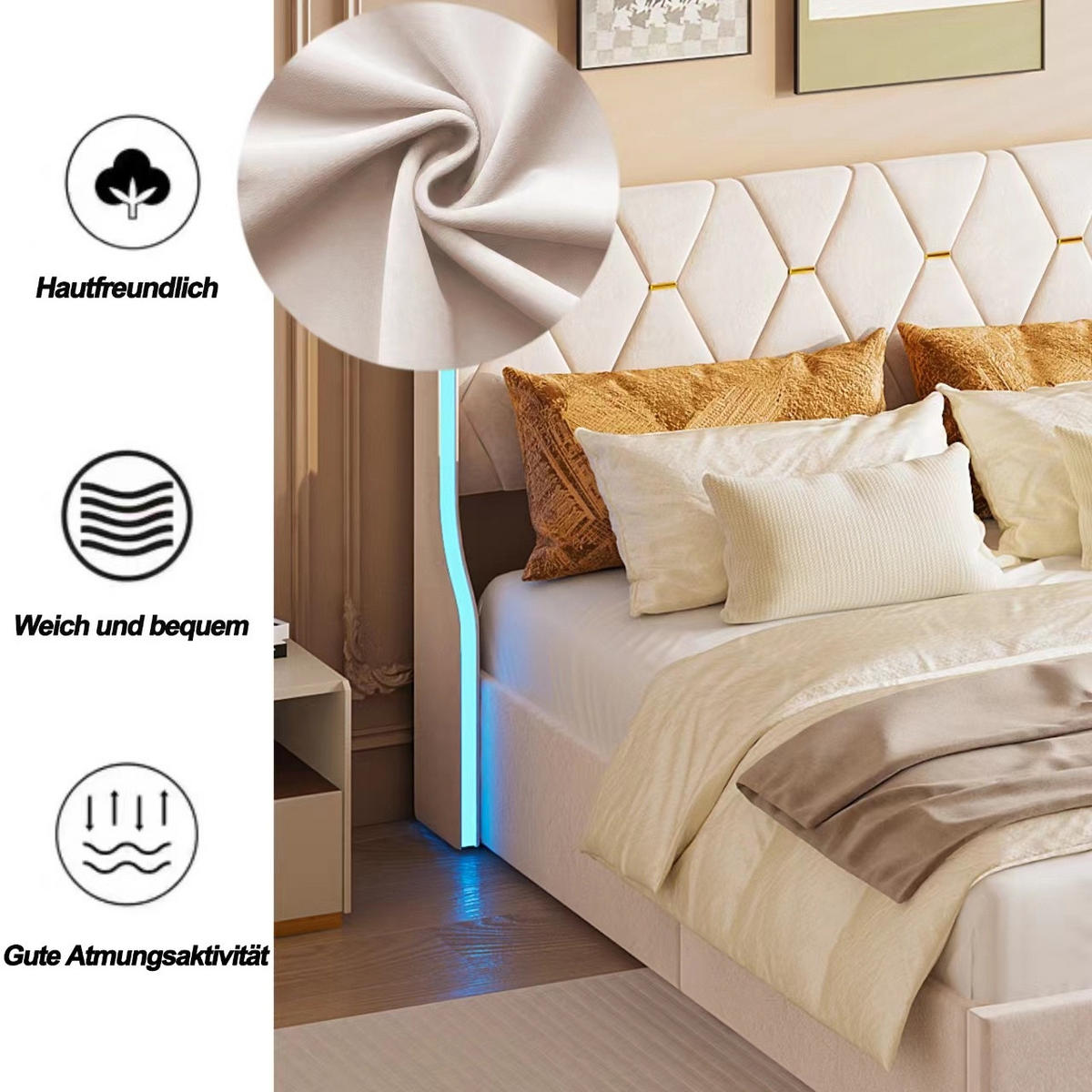 POLSTERBETT 140x200 cm mit Hydraulik-Stauraum Samt-Bezug LED-Beleuchtung an den Seitenflügeln Beige - Beige, Textil (140/200cm) - DELFA