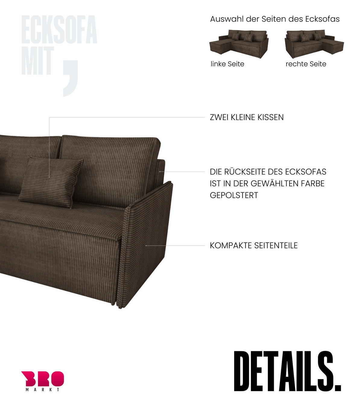ECKSOFA Atlantic mit Schlaffunktion Braun Cord - Braun, Textil (238/141cm) - Bromarkt