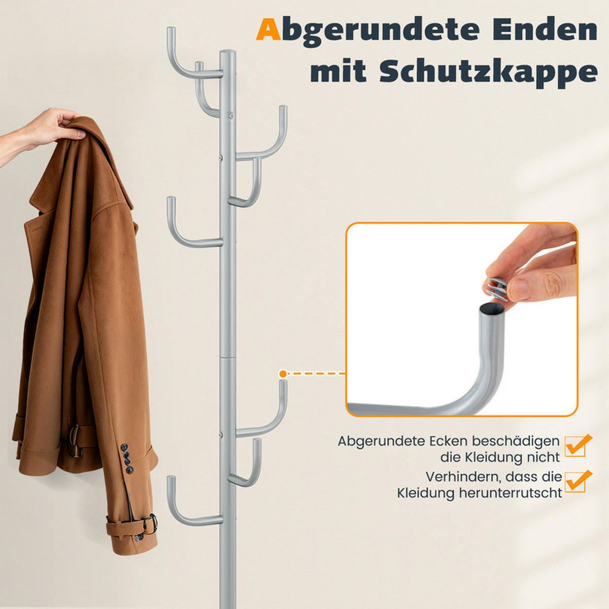 GARDEROBENSTÄNDER mit 8 Haken silber - Silberfarben, Metall (27/119/27cm) - COSTWAY