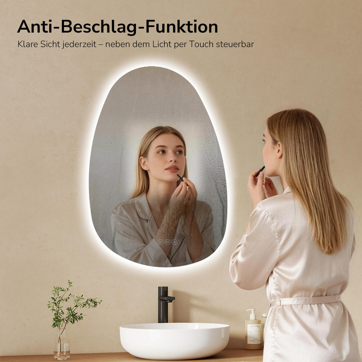 BADSPIEGEL asymmetrisch mit LED-Beleuchtung, Antibeschlag, 65/45/2,5 cm - Transparent, Glas (65/45/2.9cm) - EMKE