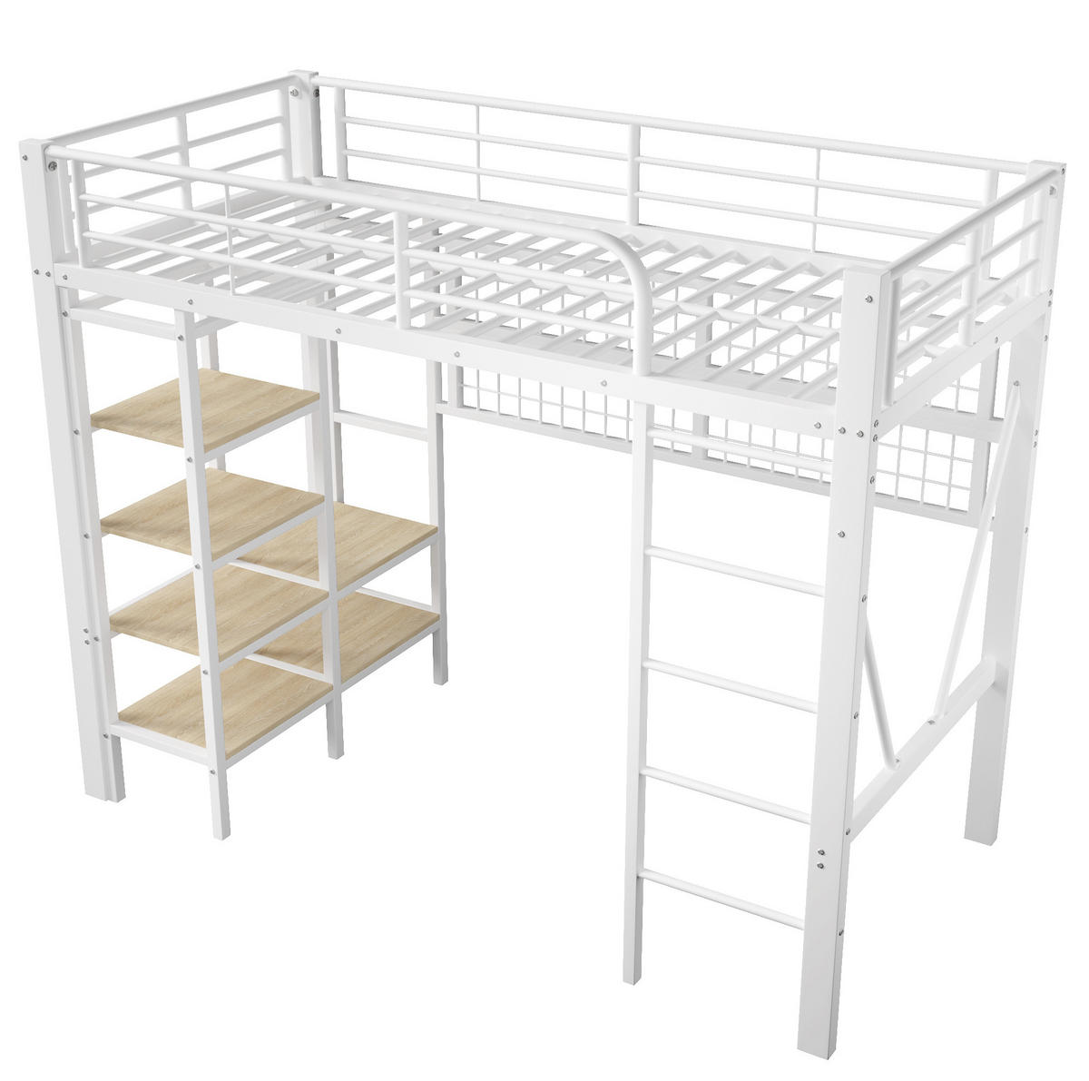 HOCHBETT 90/200 cm Weiß mit Schreibtisch, Stauraumleiter und LED-Beleuchtung - Weiß, Metall (90/200cm) - Flora Grace