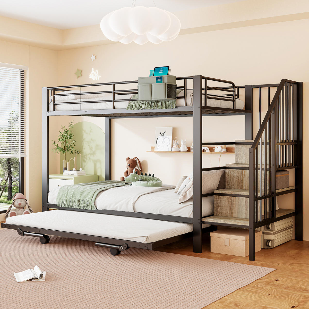 ETAGENBETT 90/200 cm und 180/200 cm Schwarz mit Ausziehbett ohne Matratze - Schwarz, Metall (90/200cm) - MIVRAY