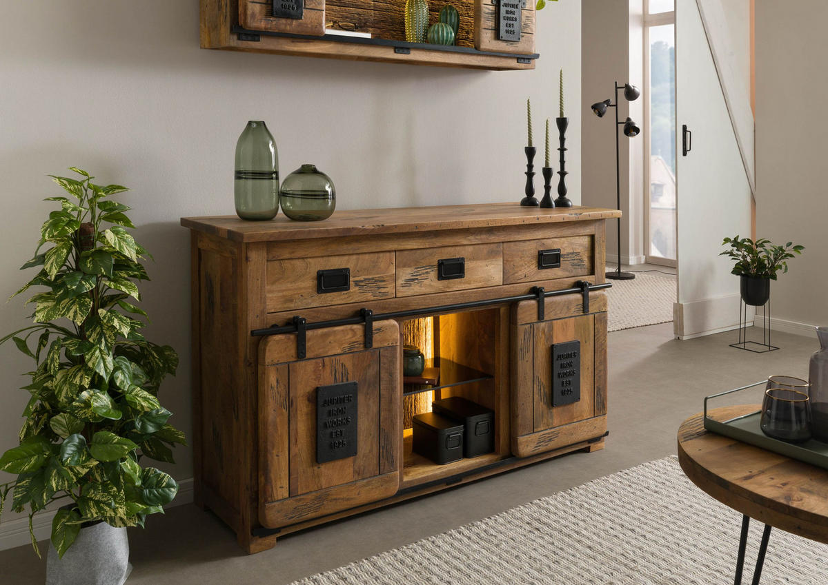 SIDEBOARD Mango / Altholz 150x45x90 natur lackiert RAILWAY LUX #100 - Braun, Holz (150/90/45cm) - Massivmoebel24