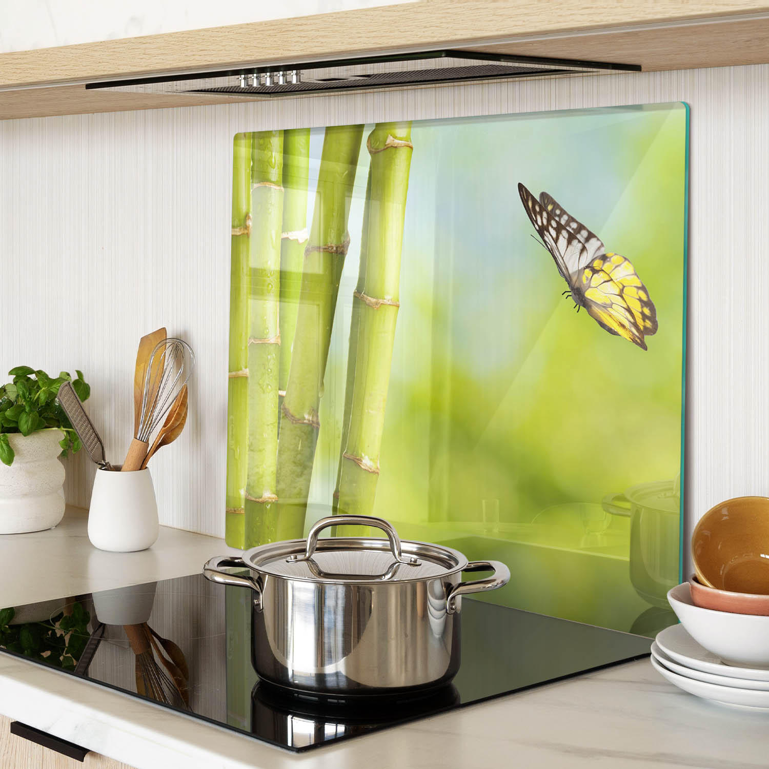 GLASPLATTE 60x52 cm Bambus und Schmetterling - Grün, Glas (60/0.4/52cm) - TULUP