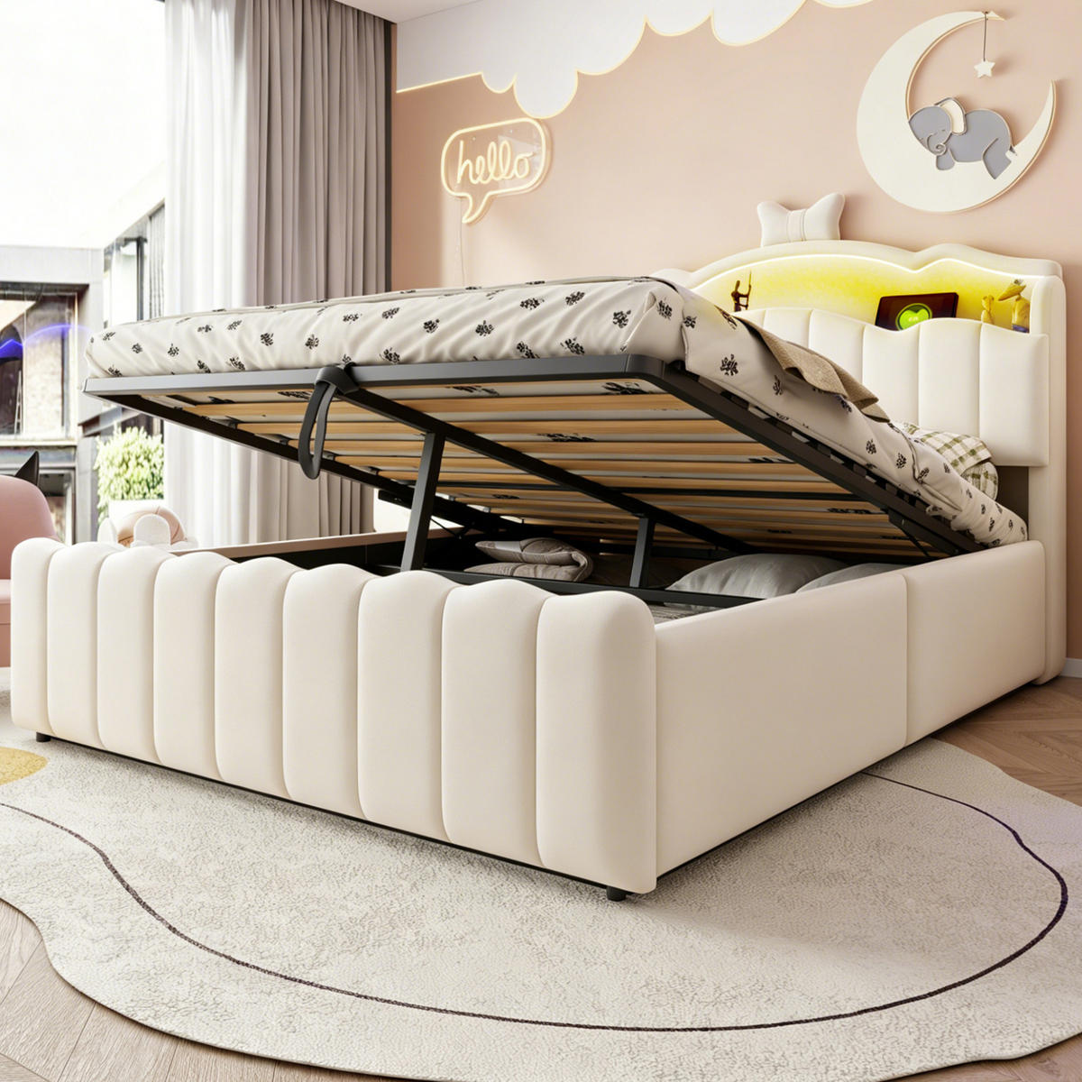 KINDERBETT 140x200 cm in Beige mit LED, USB-/USB-C-Anschlüssen und hydraulischem Stauraum - Beige, Textil (140/200cm) - IVMEU