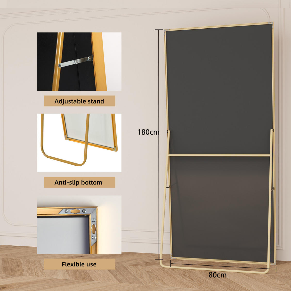 STANDSPIEGEL 180x80 cm Metallrahmen rechteckig gold - Goldfarben, Holz (80/180/3cm) - LEBENLANG