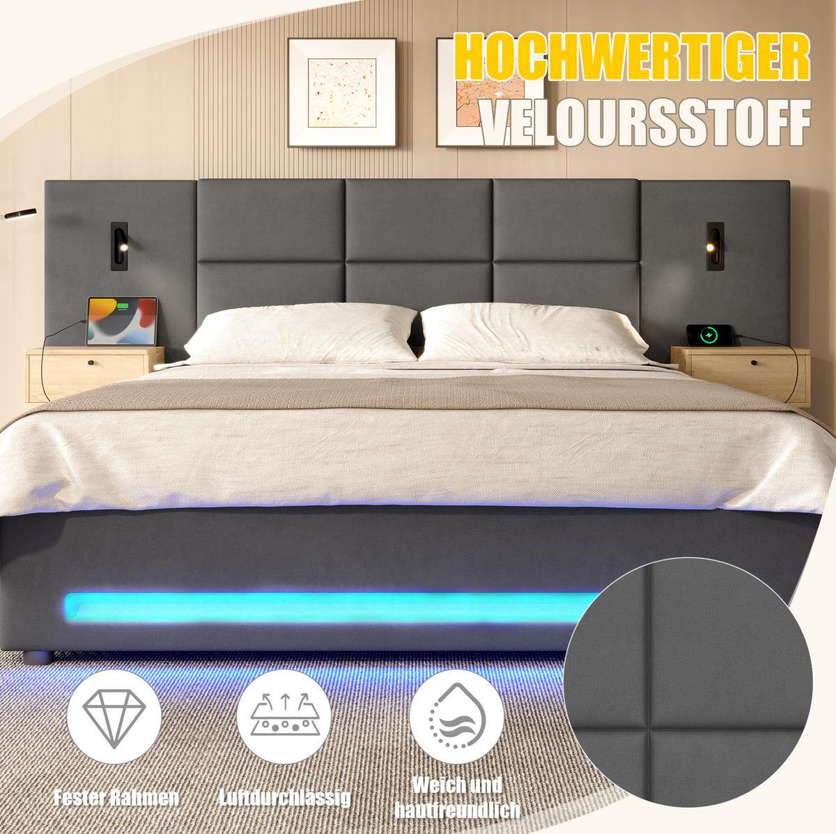 BETT mit Stauraum 180x200 cm Samt Dunkelgrau mit USB-C und LED - Dunkelgrau, Metall (180/200cm) - Meubliv