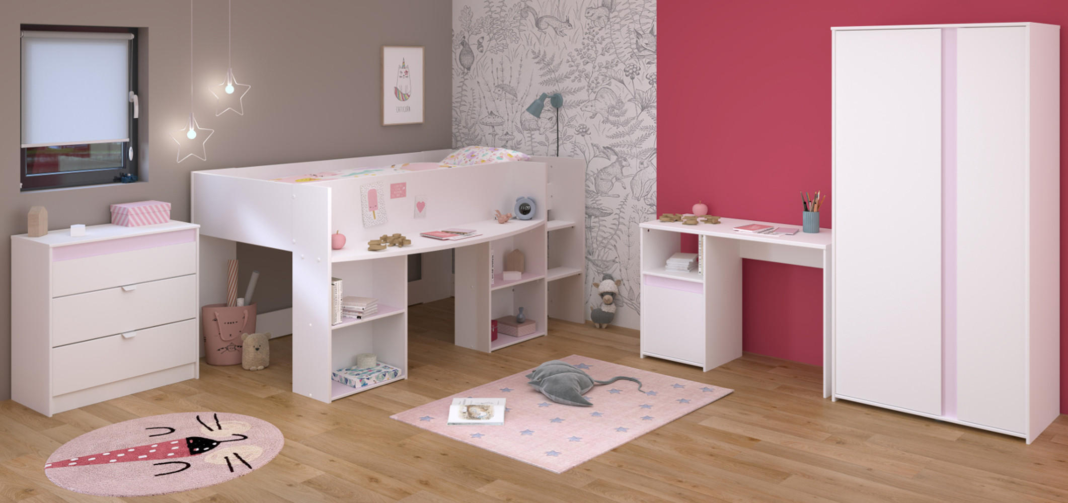 KINDERZIMMER Set 4-teilig, Hochbett 90x200 Kommode Schreibtisch und Kleiderschrank - Weiß, Holzwerkstoff (203/182/132cm) - Parisot Meuble