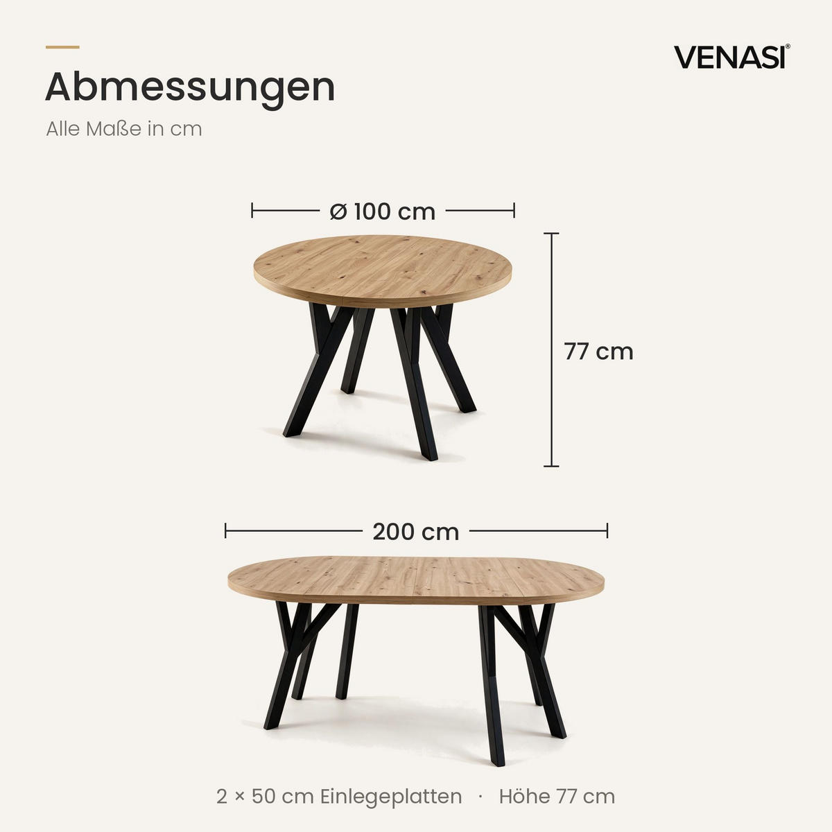 ESSTISCH ausziehbar rund 100-200 cm ATO Aristan, Auszugstisch mit Einlegeplatte - Dunkelbraun/Schwarz, Holzwerkstoff (100/100/77cm) - VENASI MÖBEL