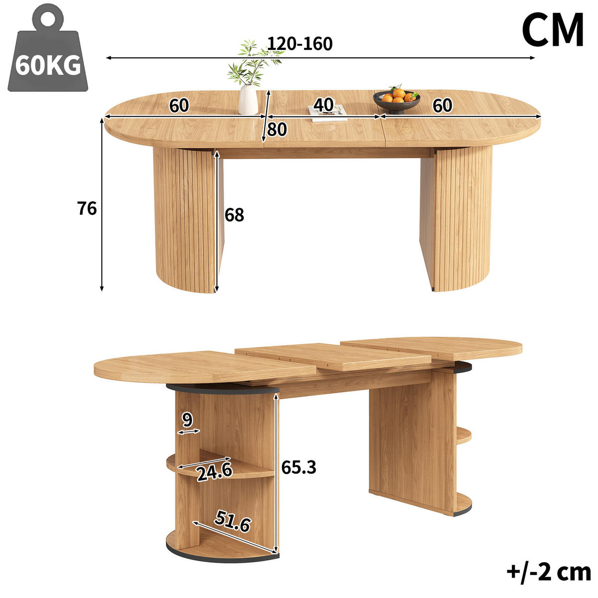 ESSTISCH in Natufarben Ausziehbarer Küchentisch mit verstecktem Stauraum, für Küche, Arbeitszimmer und Wohnzimmer - Hellbraun, Holzwerkstoff/Metall (160/80/76cm) - STILVORA