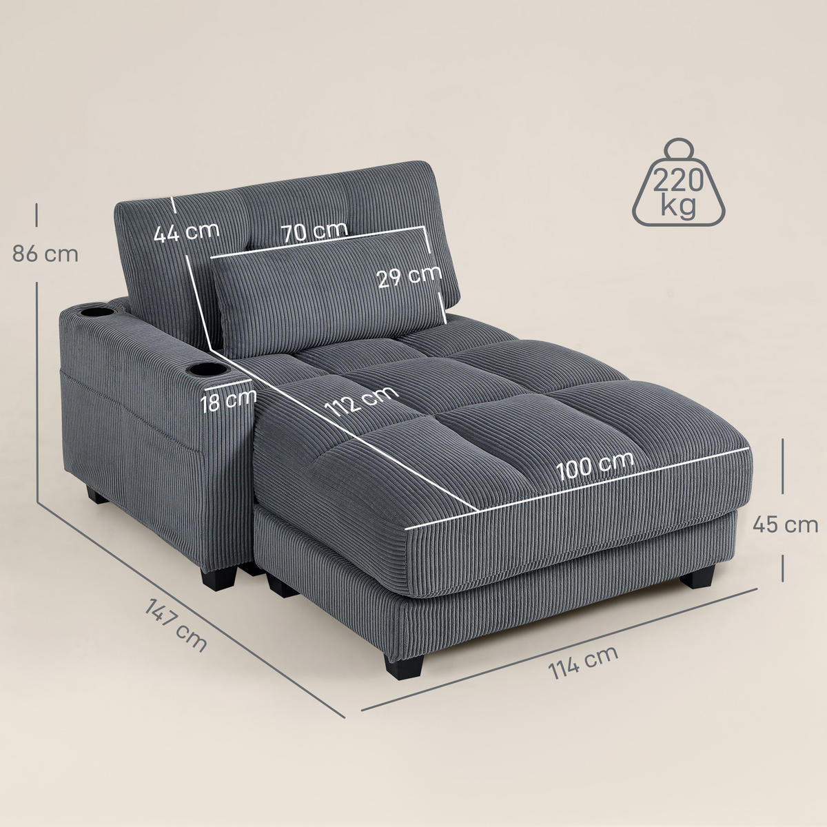 CHAISELONGUE 2 Sitzer Schlafsofa 114 x 147 cm mit Becherhalter Dunkelgrau - Dunkelgrau/Schwarz, Kunststoff/Textil (114/86/147cm) - HOMCOM