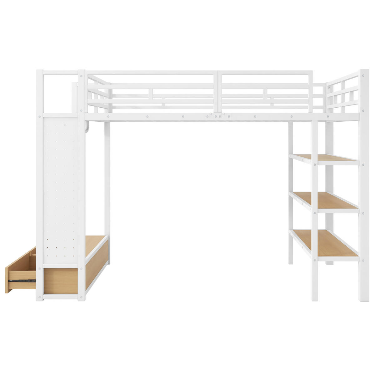 HOCHBETT 140/200 cm mit offenem Kleiderschrank, Regalfächern, Lochwand und LED-Beleuchtung, Weiß - Weiß, Holzwerkstoff (140/200cm) - Redom