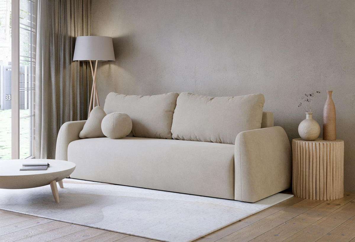 3-SITZER SOFA Nubelle Hellbeige Chenille-Bezug, wasserabweisend - Ecru/Schwarz, Kunststoff/Textil (244/85/93cm) - Selsey