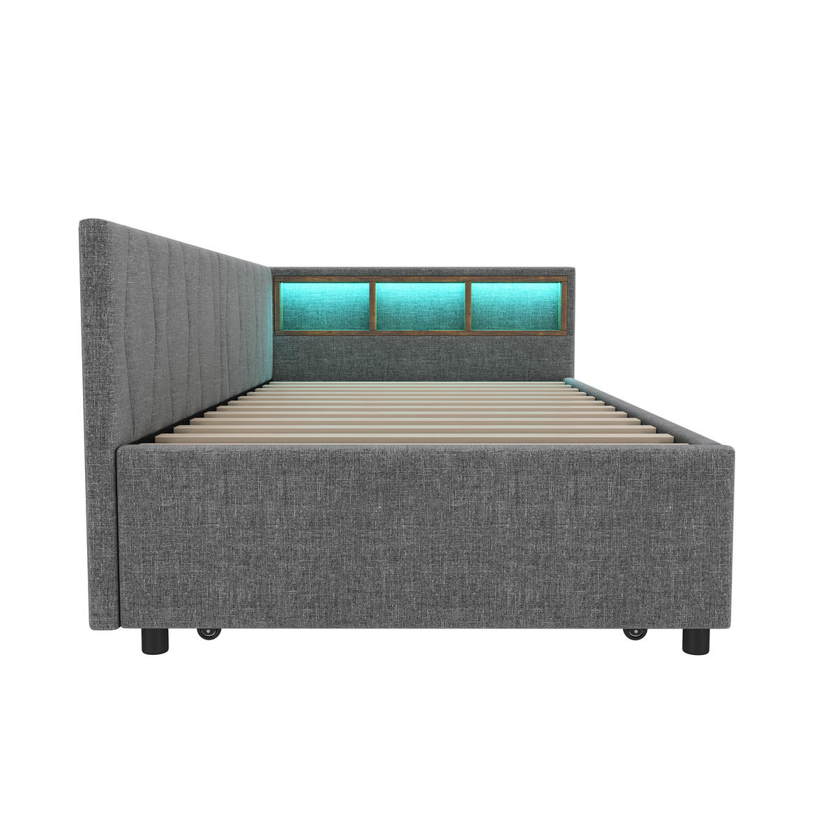 TAGEBETT 90x200cm Grau Leinen USB-C LED-Licht Ausziehbett - Grau, Holz (90/200cm) - FLIEKS