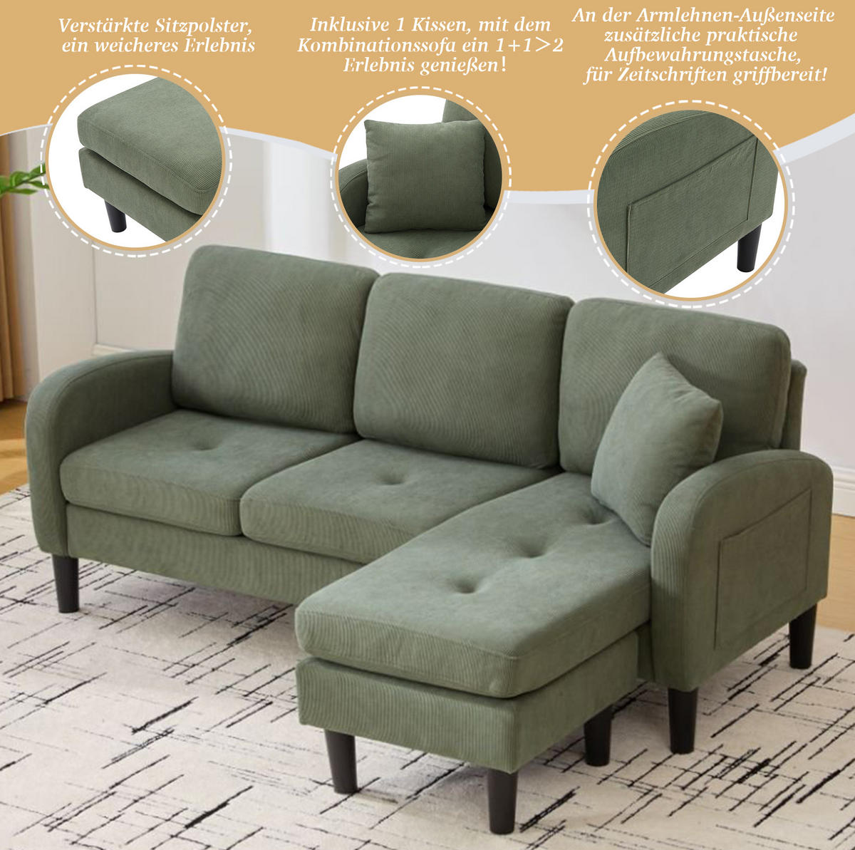 SOFA modular mit Chaiselongue 166 x 118 x 77 cm Cord Green 3-Sitzer - Grün, Kunststoff (166/118cm) - IVMEU