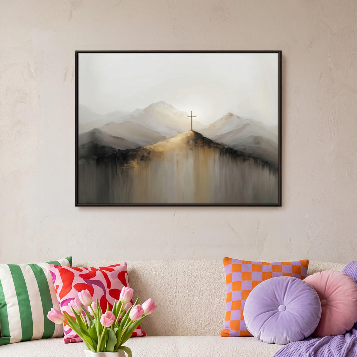 LEINWAND Bilder mit Rahmen - Hügel - Abstrakt - Kreuz - Christentum - 70x50 - Beige, Textil (70/50cm) - MuchoWow