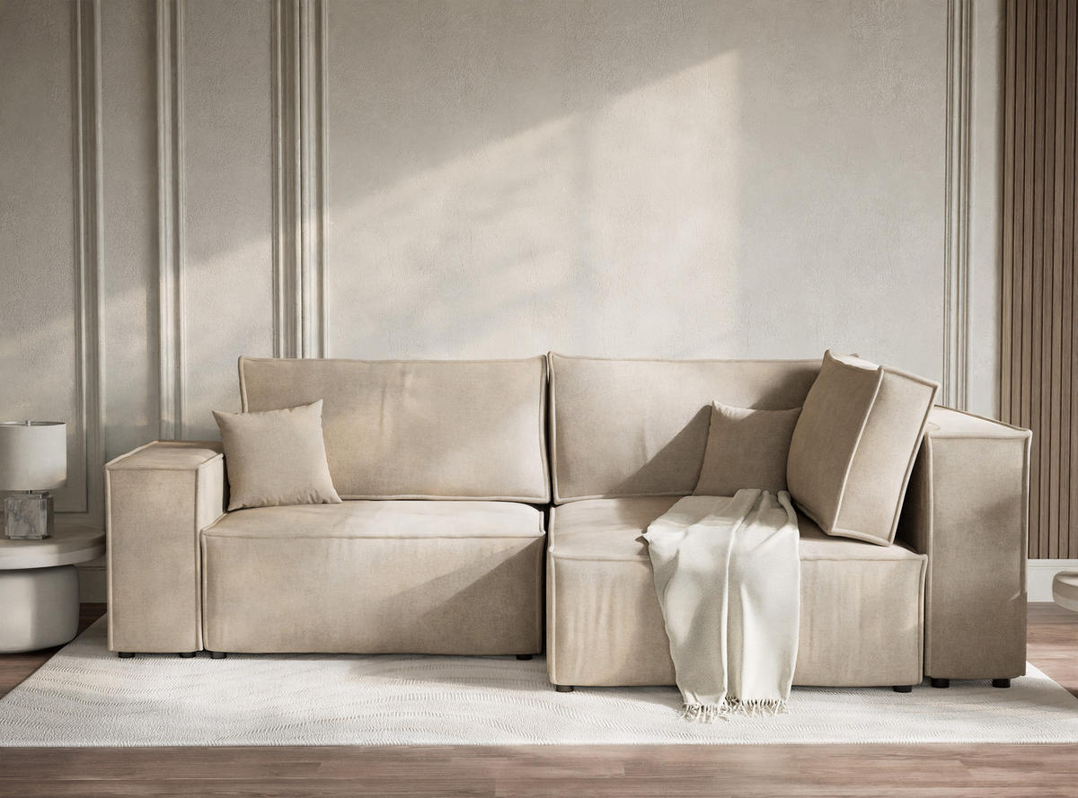 ECKSOFA MIT SCHLAFFUNKTION Tonga Beige Webstoff - Beige/Schwarz, Holz/Holzwerkstoff (255/105cm) - Maison de Reve