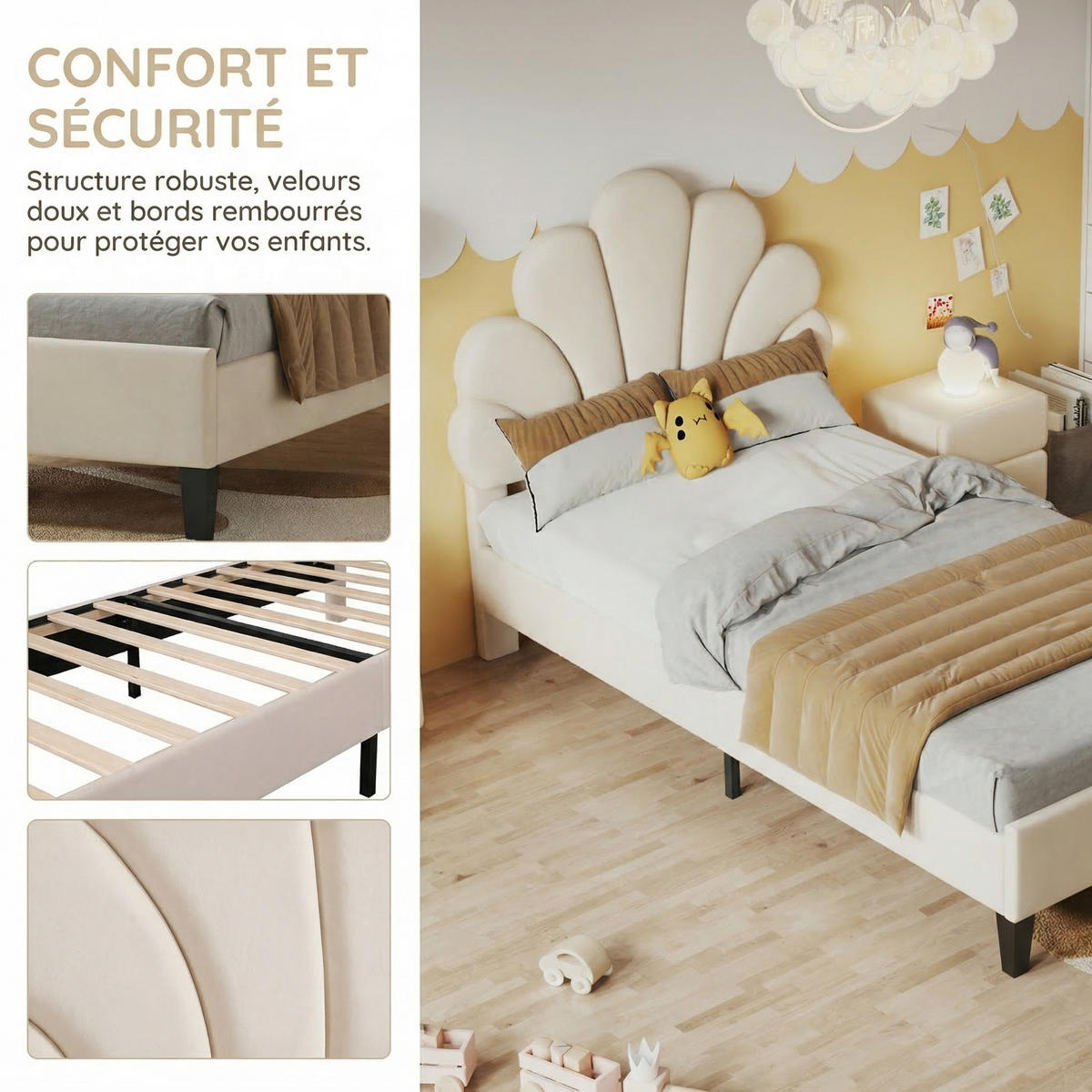 KINDERBETT 90 x 200 cm mit höhenverstellbarem Kopfteil, Lattenrost,Samt - Beige, Metall (90/200cm) - PARAFTA HOME