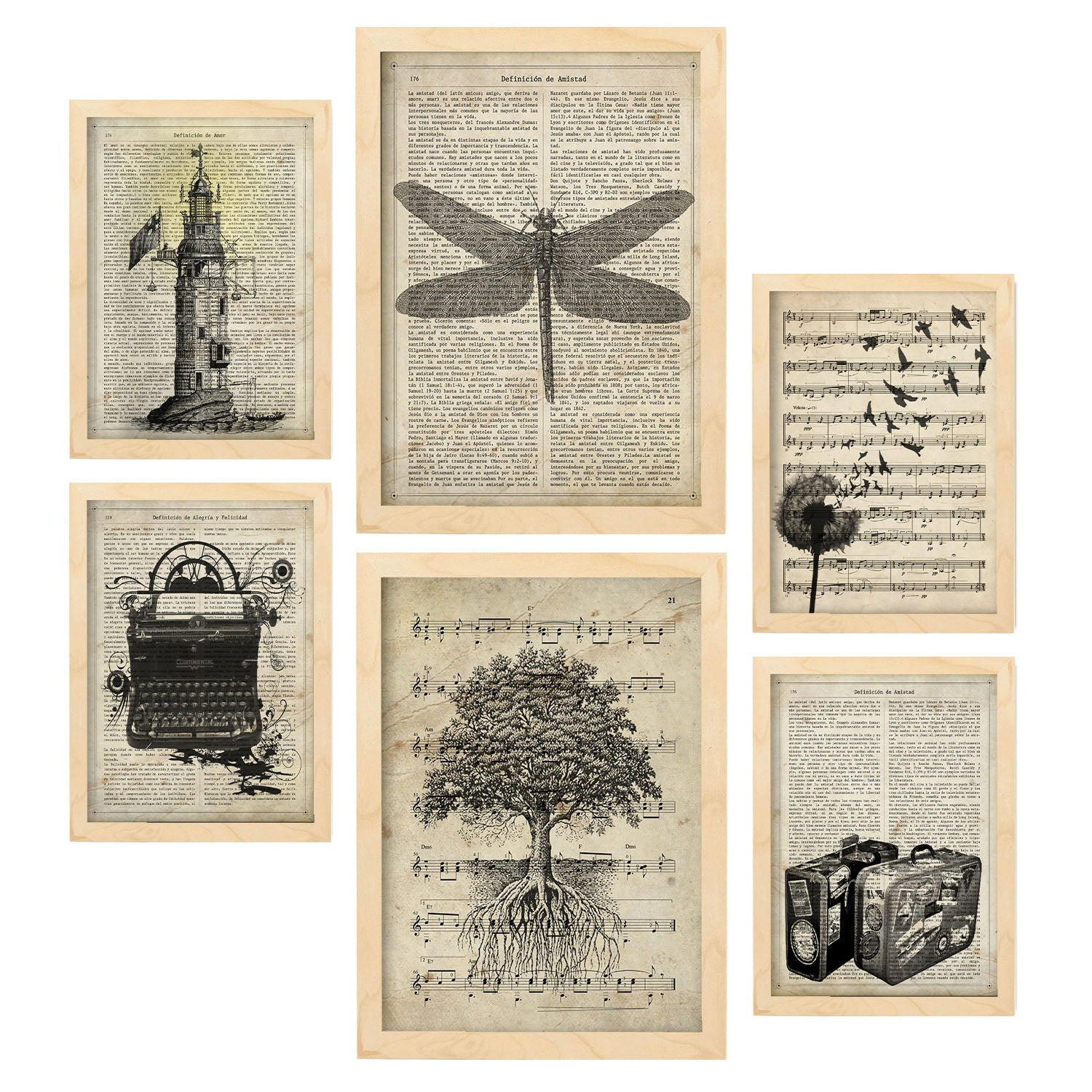POSTER Set Mit 6 Vintage Zeichnungen Sepia Papier Plakate Im Retro Mit Natur & Reisethemen Über Enzyklopädie A3 & A4 Rahmen Aus Hellem Holz - Beige, Papier (29/3cm) - Nacnic