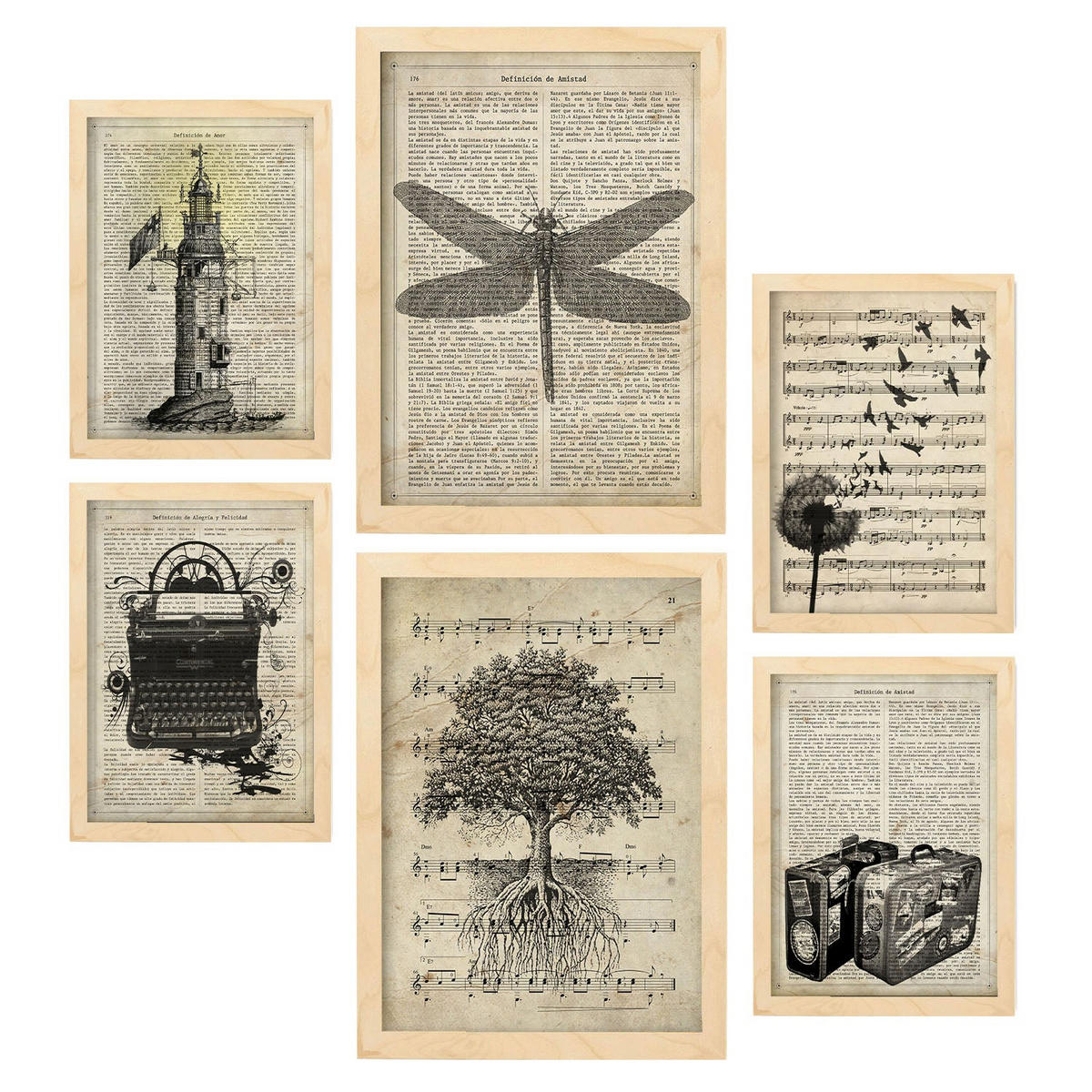 POSTER Set Mit 6 Vintage Zeichnungen Sepia Papier Plakate Im Retro Mit Natur & Reisethemen Über Enzyklopädie A3 & A4 Rahmen Aus Hellem Holz - Beige, Papier (29/3cm) - Nacnic