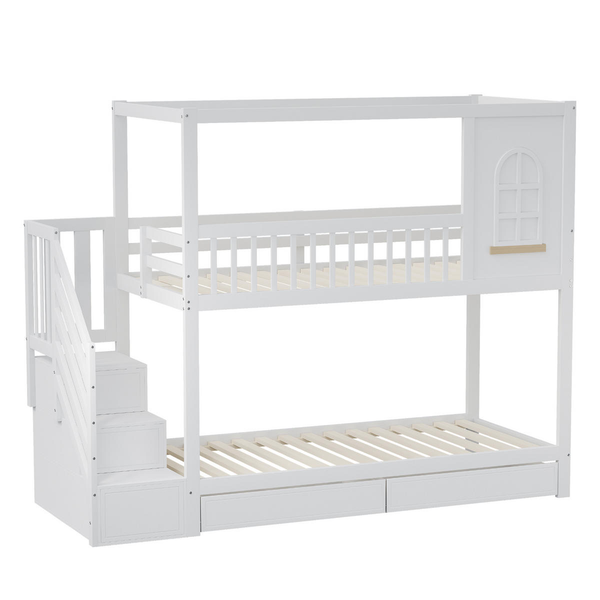 ETAGENBETT Modell Hausfenster Weiß Natur - Weiß, Holz (90/200cm) - ComfortXL