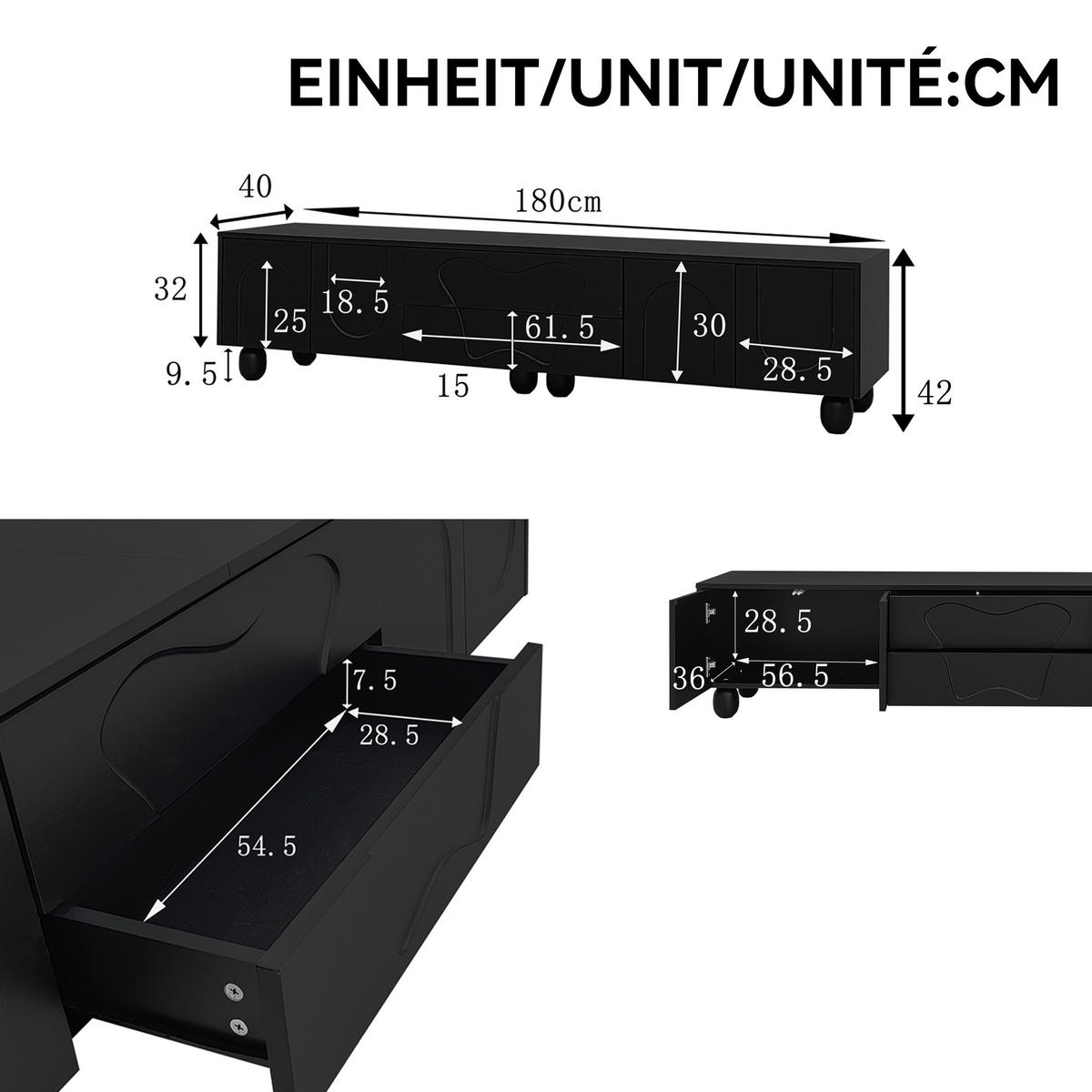 TV-SCHRANK in Schwarz mit Holzbeinen 180/40/42 cm - Schwarz, Holzwerkstoff (180/42/40cm) - Redom