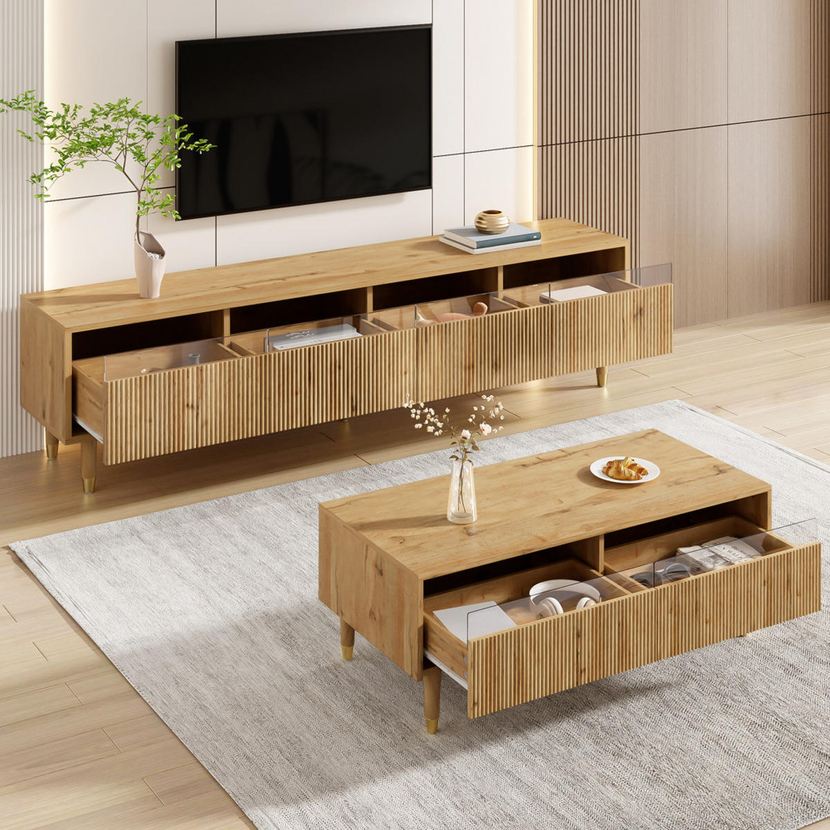 TV-SCHRANK SET 4 Türen Couchtisch 2 Schubladen LED Holz Gold - Braun, Holz (57.78/12.7/119cm) - FLIEKS