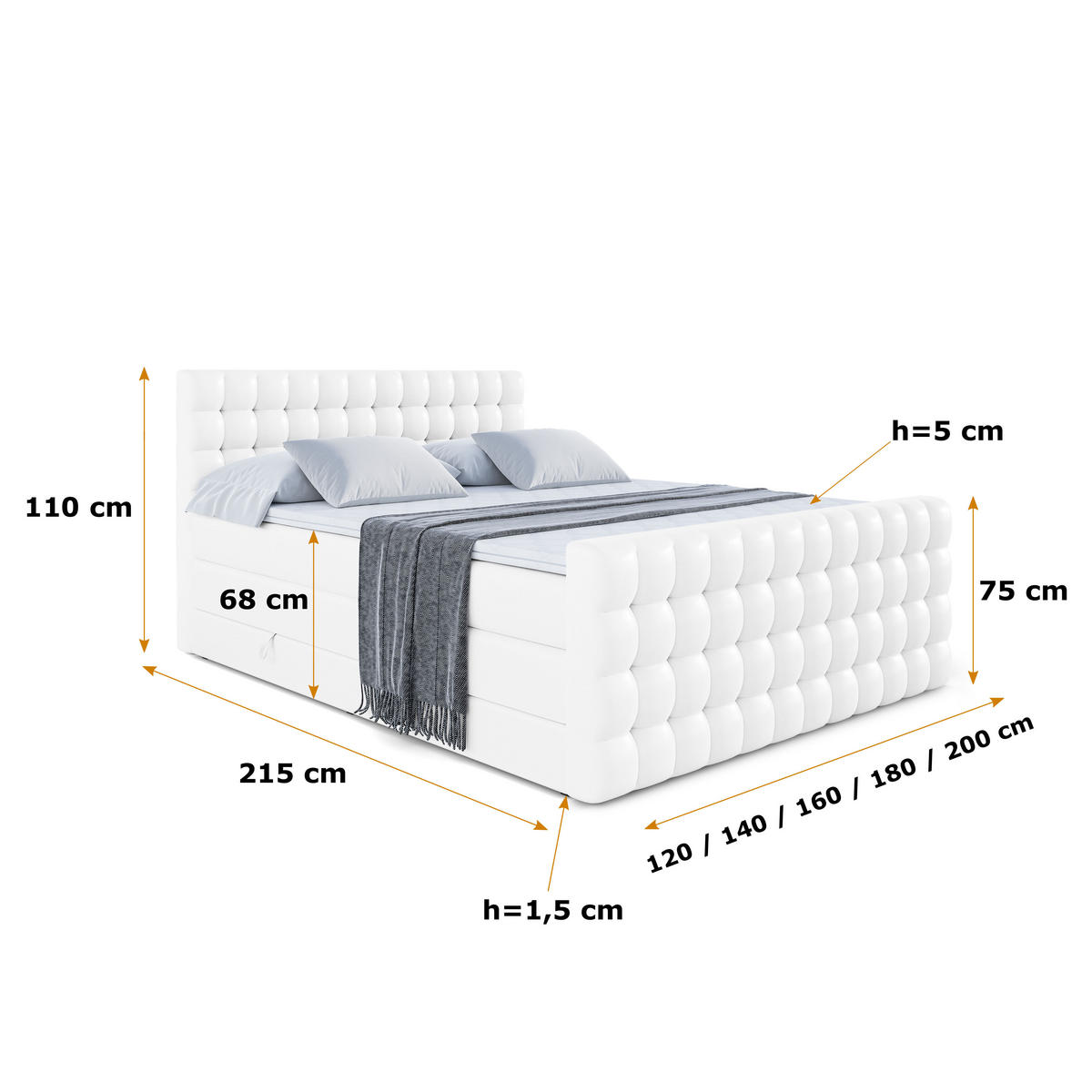 BOXSPRINGBETT VIONE-Z KING - 160 x 200 - H3/H4 - Weiß Hochglanz - Weiß, Holzwerkstoff (160/200cm) - ALTDECOR