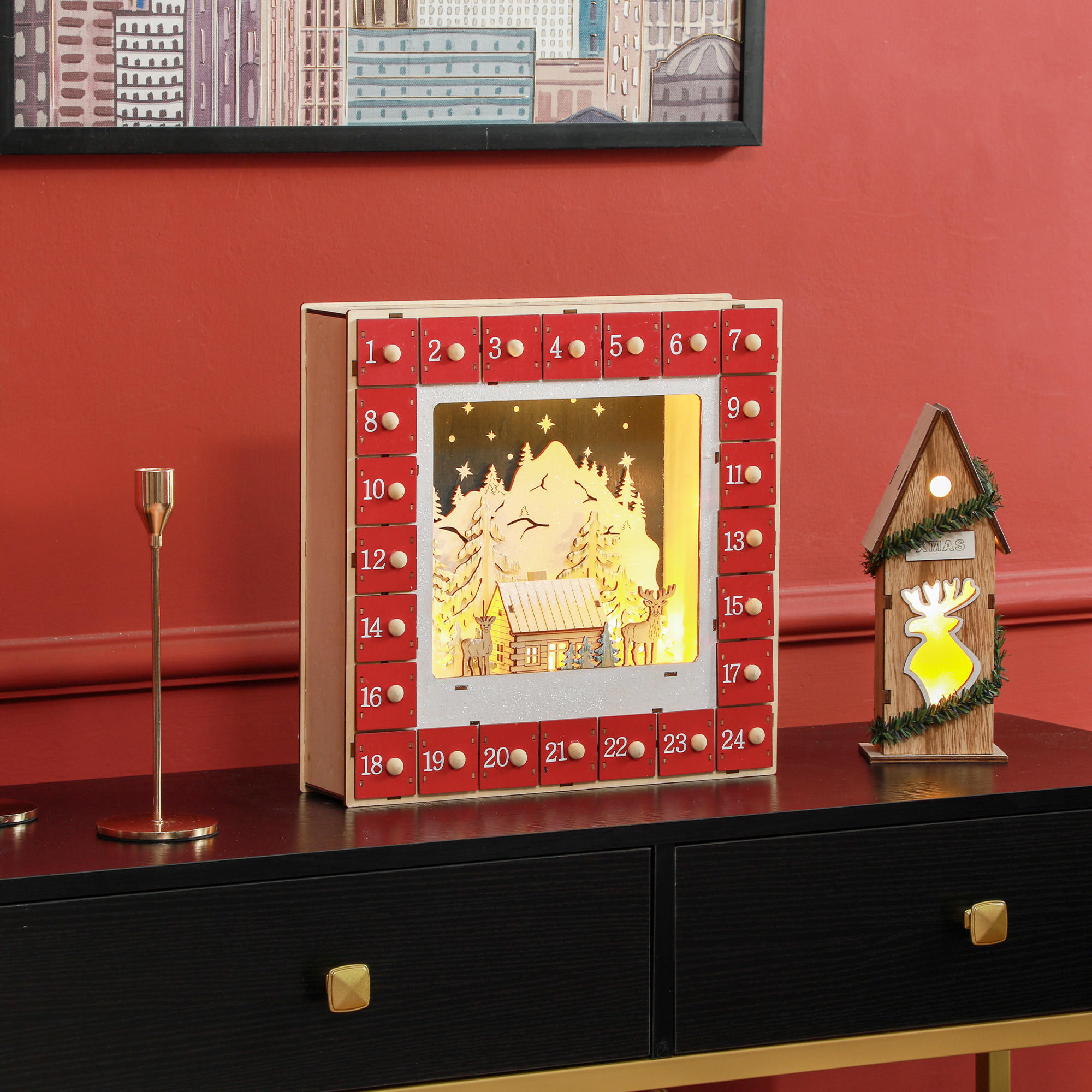 WEIHNACHTS-ADVENTSKALENDER - Rot, Holzwerkstoff (7/34/34cm) - HOMCOM