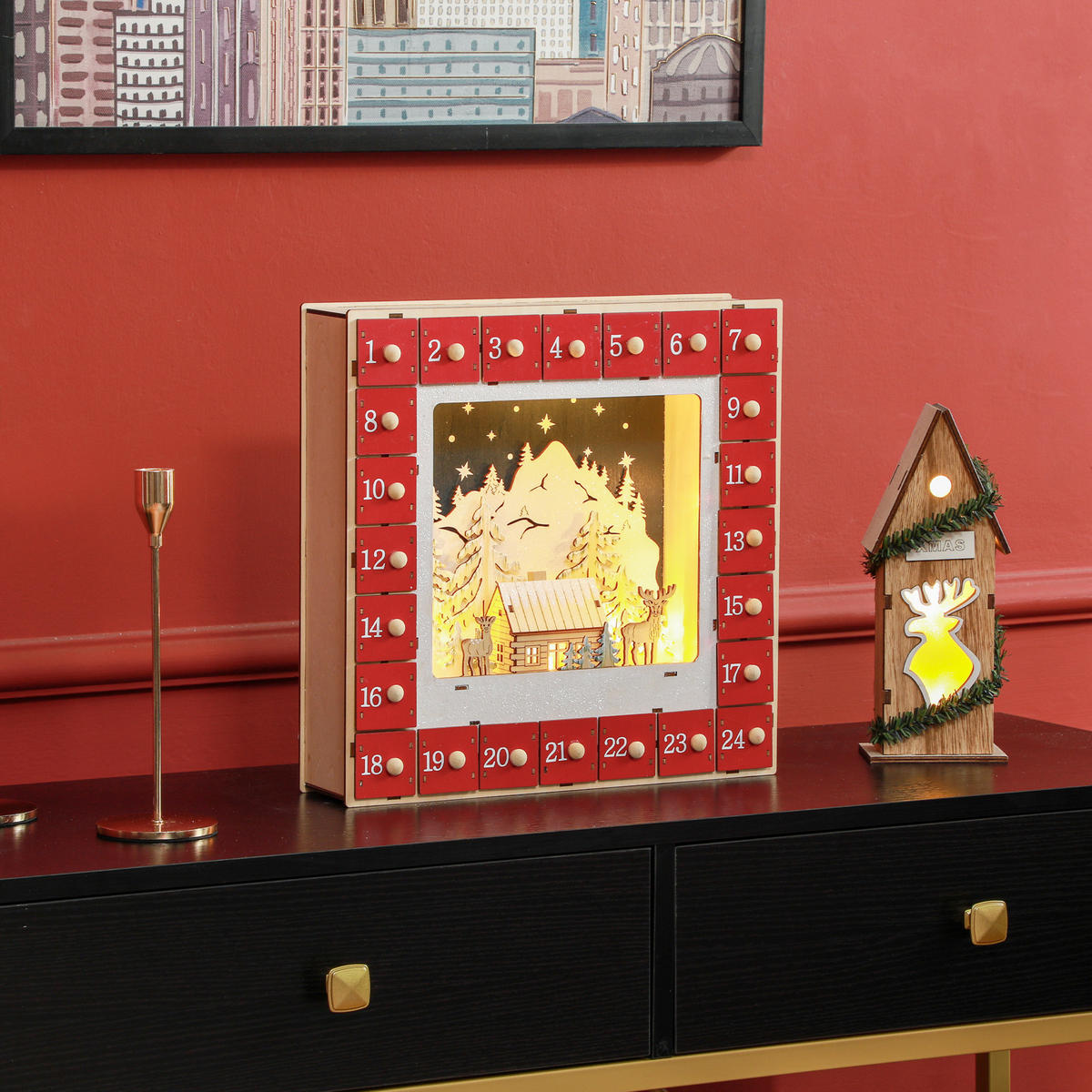 WEIHNACHTS-ADVENTSKALENDER - Rot, Holzwerkstoff (7/34/34cm) - HOMCOM