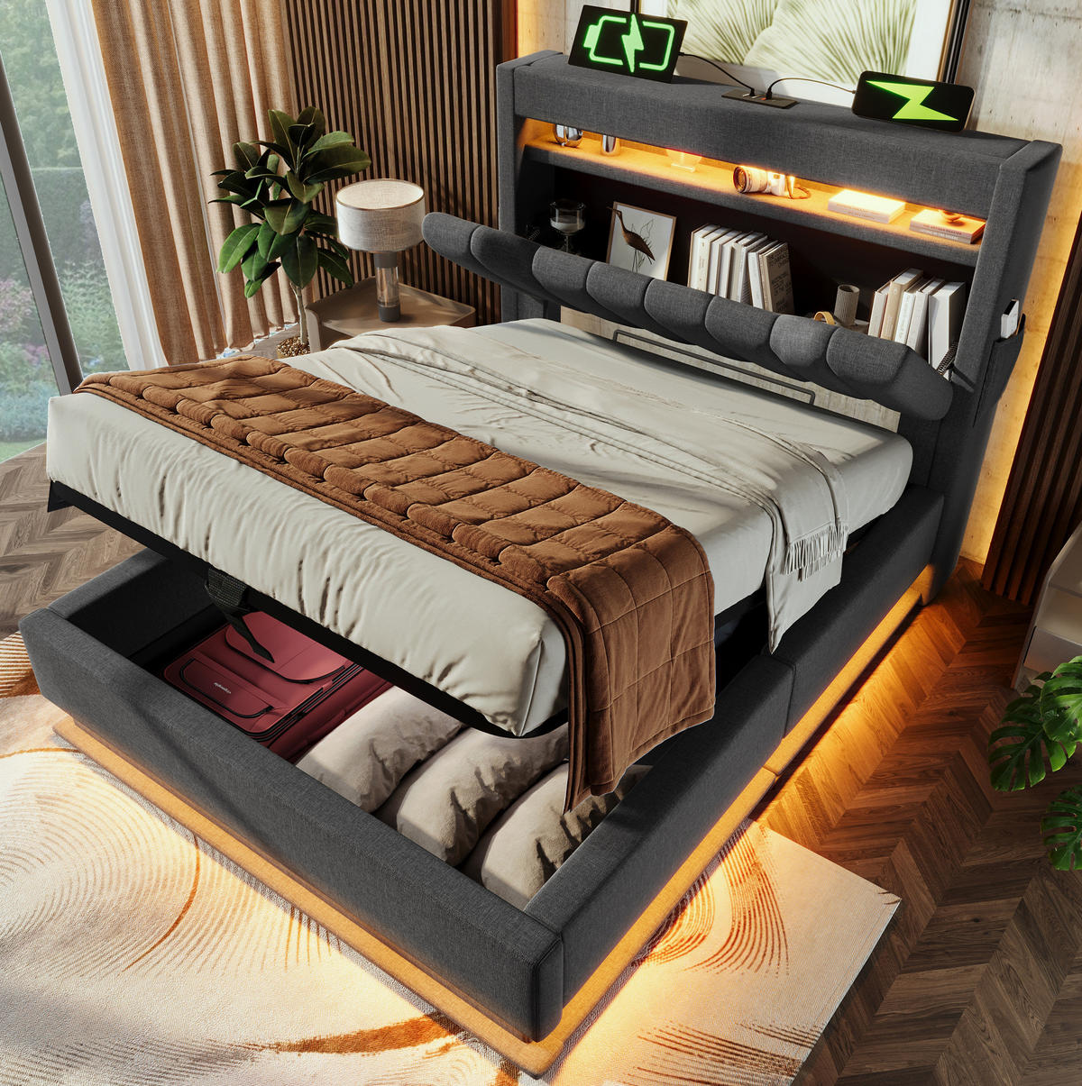 POLSTERBETT 90/200 cm Grau aus Leinen mit LED und Stauraum - Grau, Textil (90/200cm) - OKMYHOME