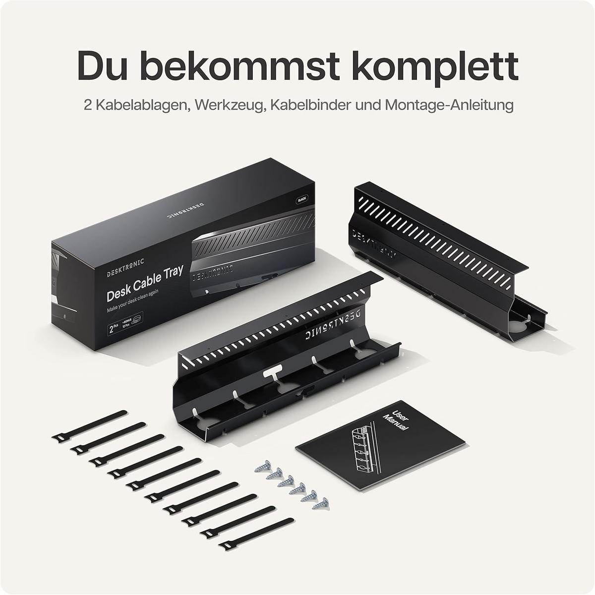 KABELKANAL Schreibtisch Schwarz, 2x43cm, Hochwertiger Stahl - Schwarz, Metall (43/12/10cm) - Desktronic