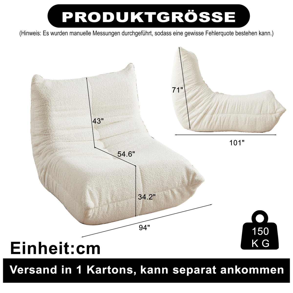 SITZSACK Ergonomischer aus Chenille & Memory-Schaum, Montagefrei - Beige, Textil (94/71/101cm) - Urban Meuble