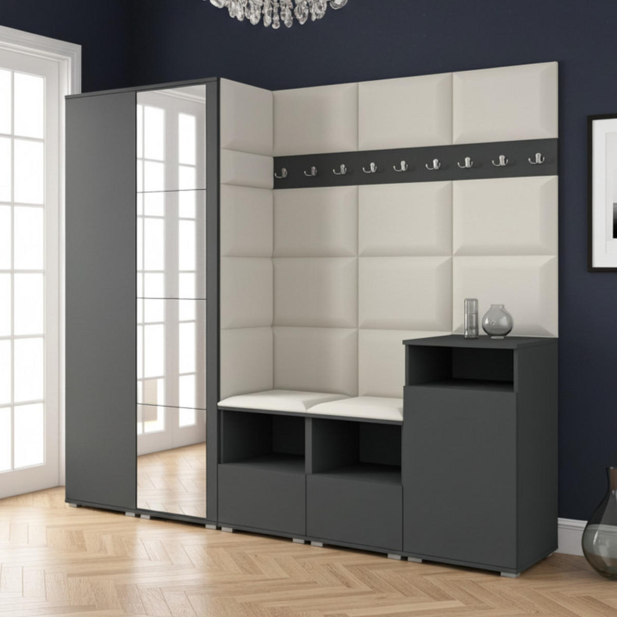 GARDEROBE NELA VIII 250 cm (Modulare Flurmöbel Graphit mit Spiegel & Sitzpolster Creme 01 Set XL) - Silberfarben/Creme, Holz/Holzwerkstoff (250/187/40cm) - Ravio