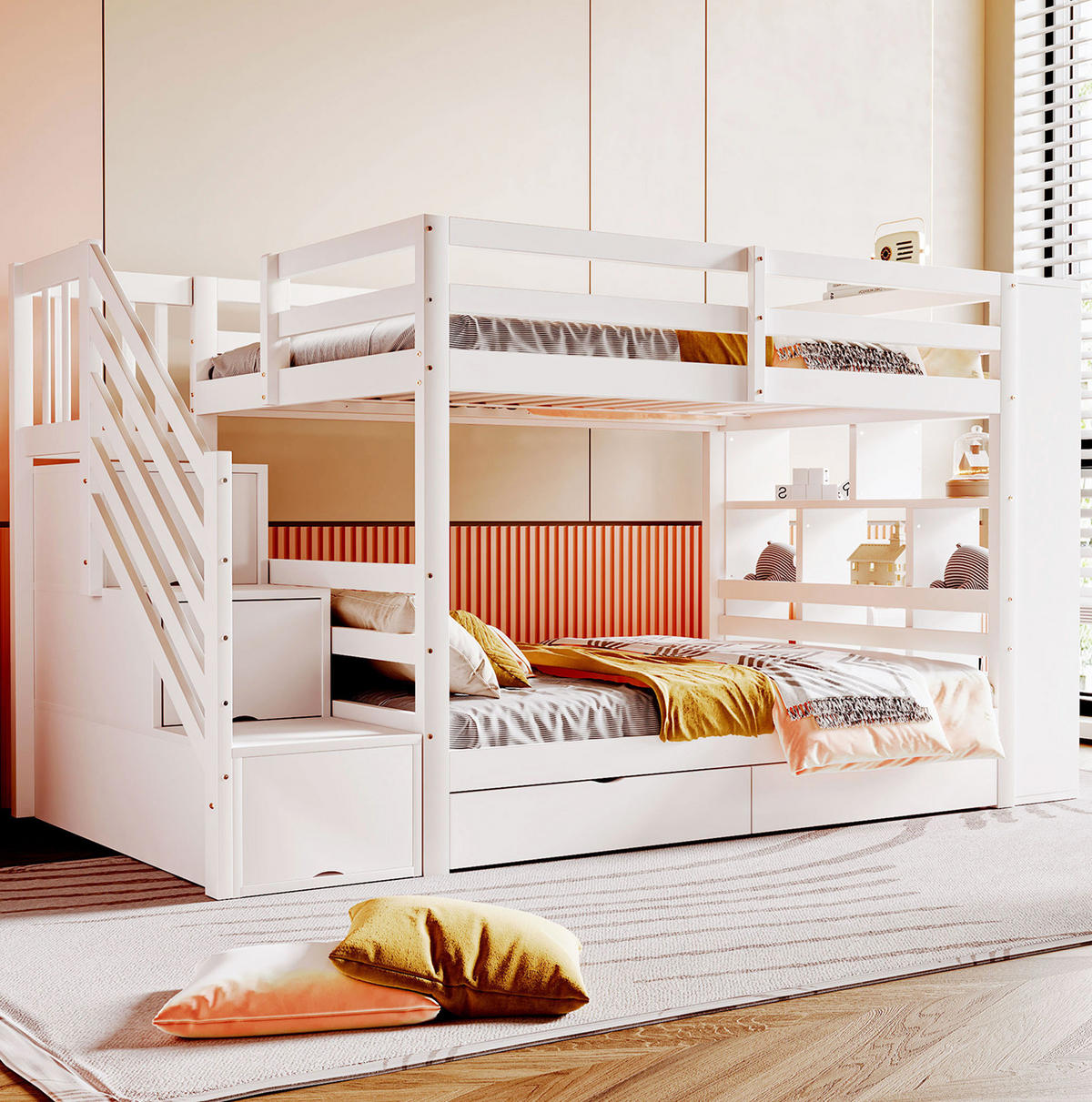 ETAGENBETT 90/200 cm in Weiß mit Sicherheitstreppe und Stauraum - Weiß, Holz (90/200cm) - OKMYHOME
