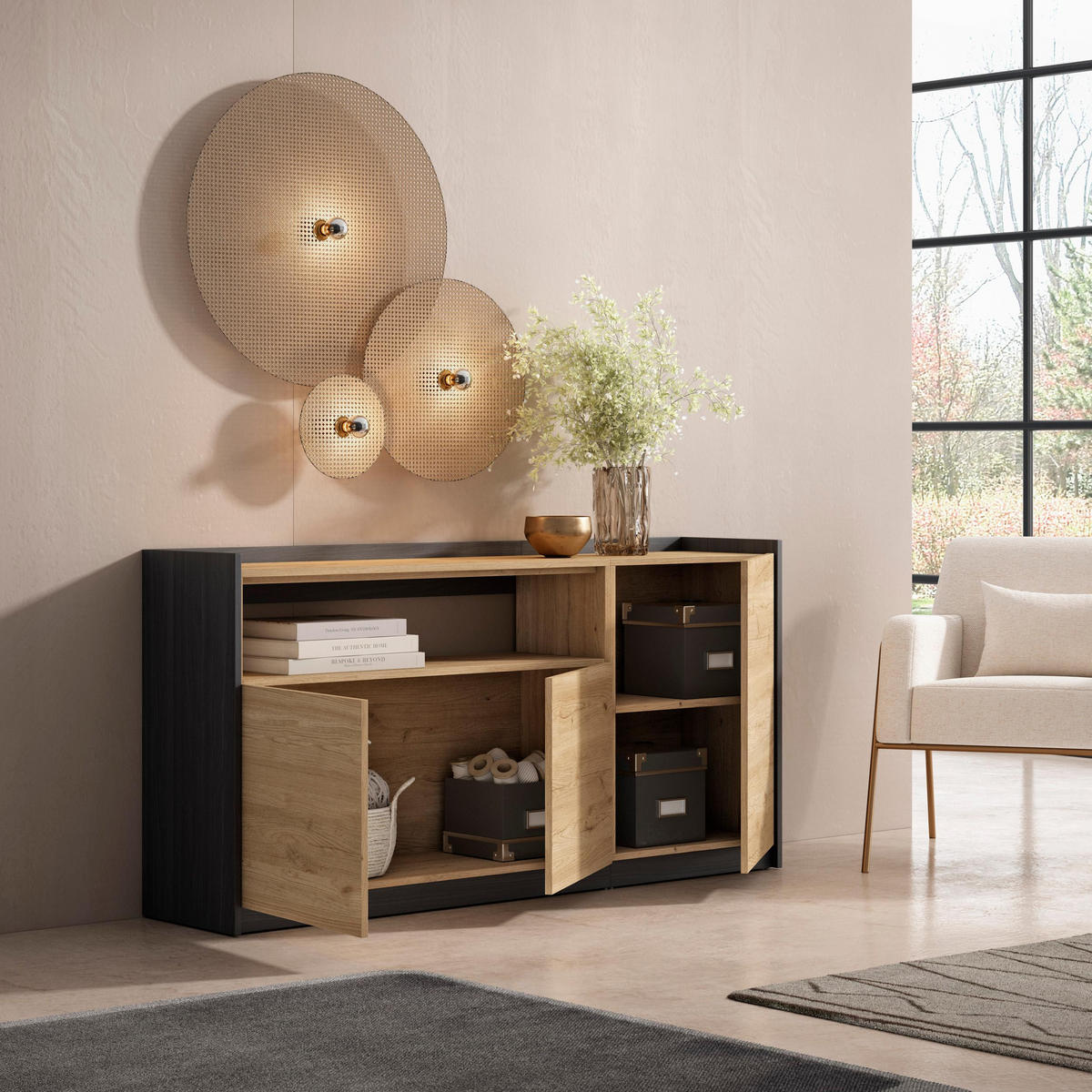 SIDEBOARD, Highboard, Eiche Schwarz, 156/37/80cm - Eichefarben, Holzwerkstoff (156/80/37cm) - Skraut Home
