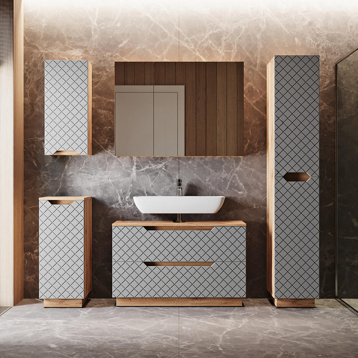 BADMÖBEL-SET Lotta Eiche/Grau mit Kachelstruktur 5 Teile - Eichefarben/Grau, Holzwerkstoff (99.4/62.5/32cm) - Vicco