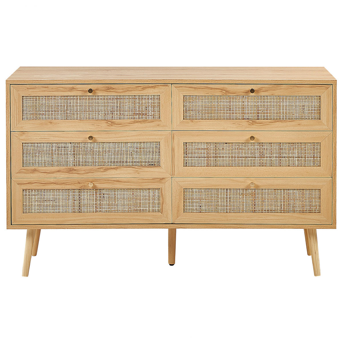 KOMMODE 6 Schubladen Rattan Helles Holz Perote - Hellbraun/Goldfarben, Naturmaterialien (120/75/42cm) - Beliani