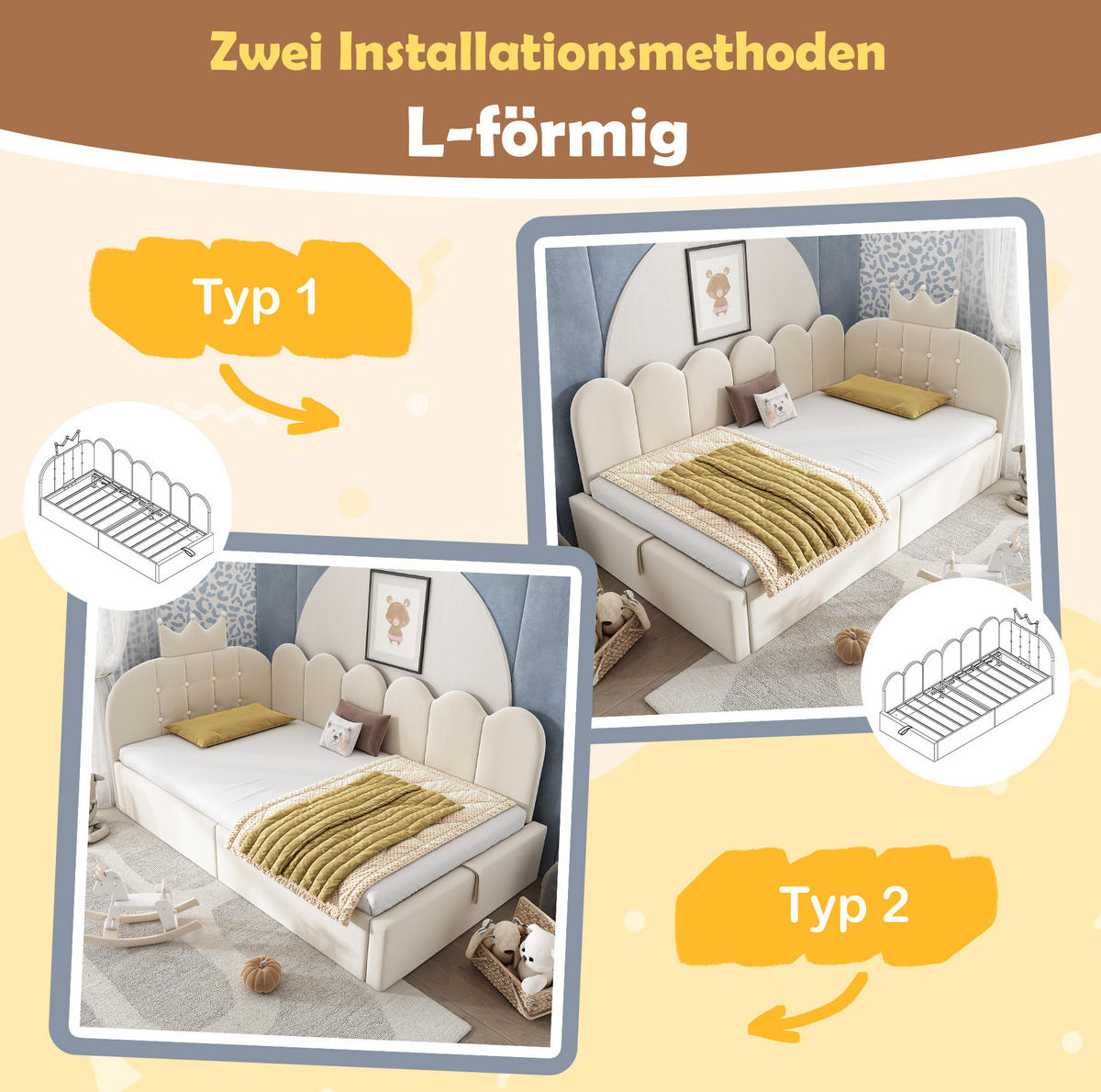 POLSTERBETT 90/190 cm aus Samt mit Stauraum, Beige, L-Form - Beige, Textil (90/190cm) - Flora Grace