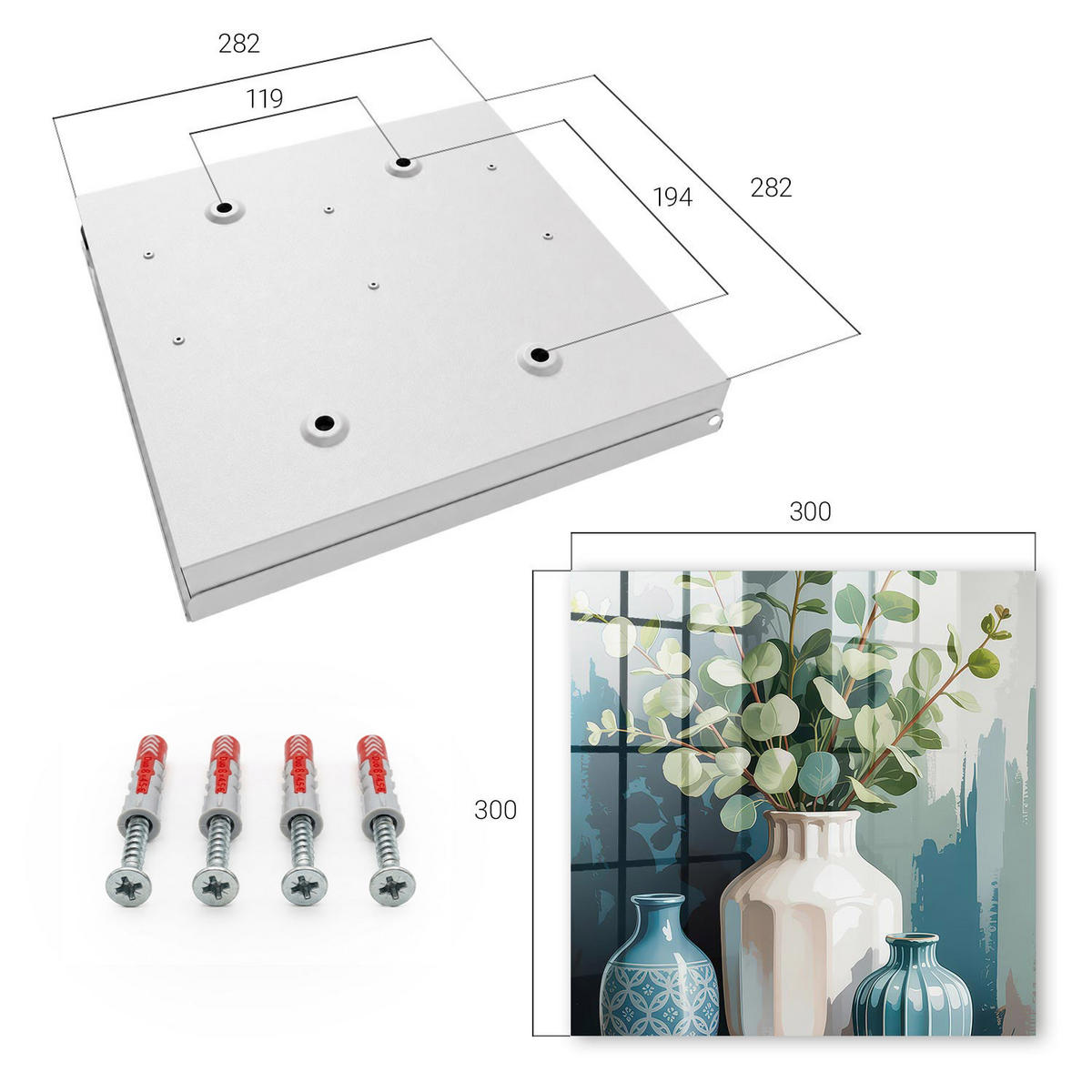 SCHLÜSSELBOX Weiß 30x30 cm – Türöffnung nach rechts - Vasen und Blätter - Grün, Metall (30/30/5cm) - TULUP