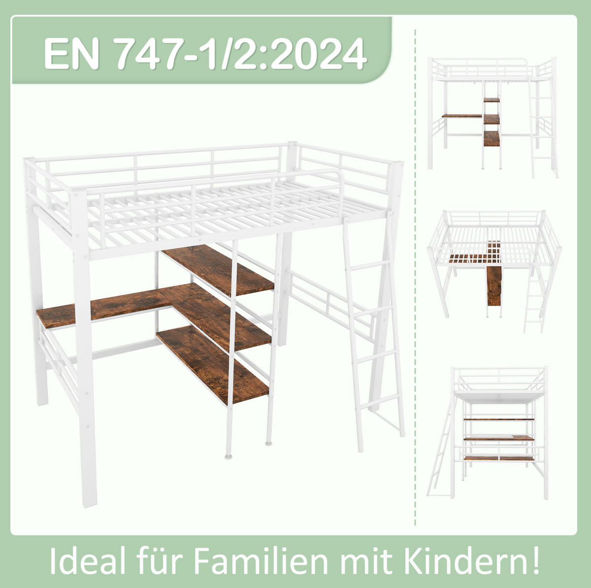 HOCHBETT 90/200 cm Weiß aus Metall mit Schreibtisch - Weiß, Metall (90/200cm) - OKMYHOME
