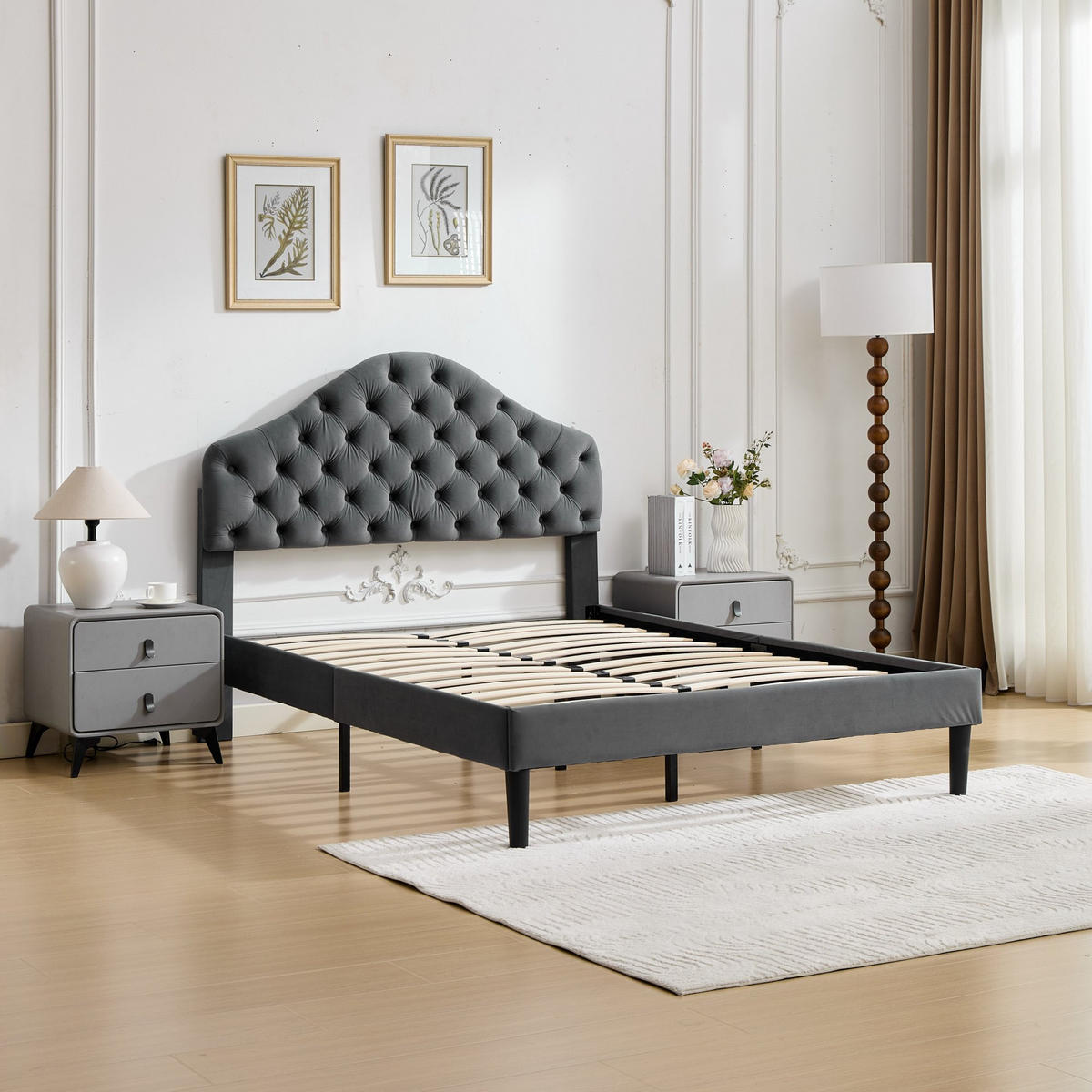 BETT mit verstellbarem Kopfteil 140x200 cm Samt Grau - Grau, Holz (140/200cm) - Meubliv