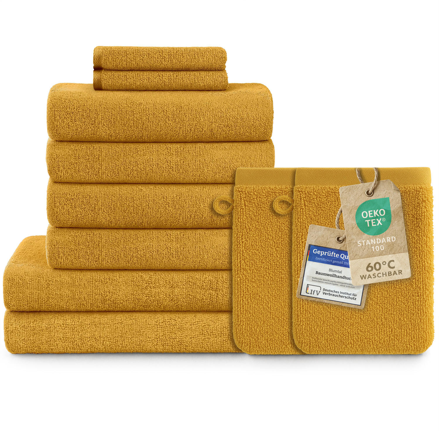 HANDTUCH 8-teilig, 2x Badetuch 70/140 + 4x Handtuch 50/100 + 2x Gästetuch 30/30 + 2x Waschlappen 15/20 cm, Gelb - Gelb, Textil (70/140cm) - Blumtal