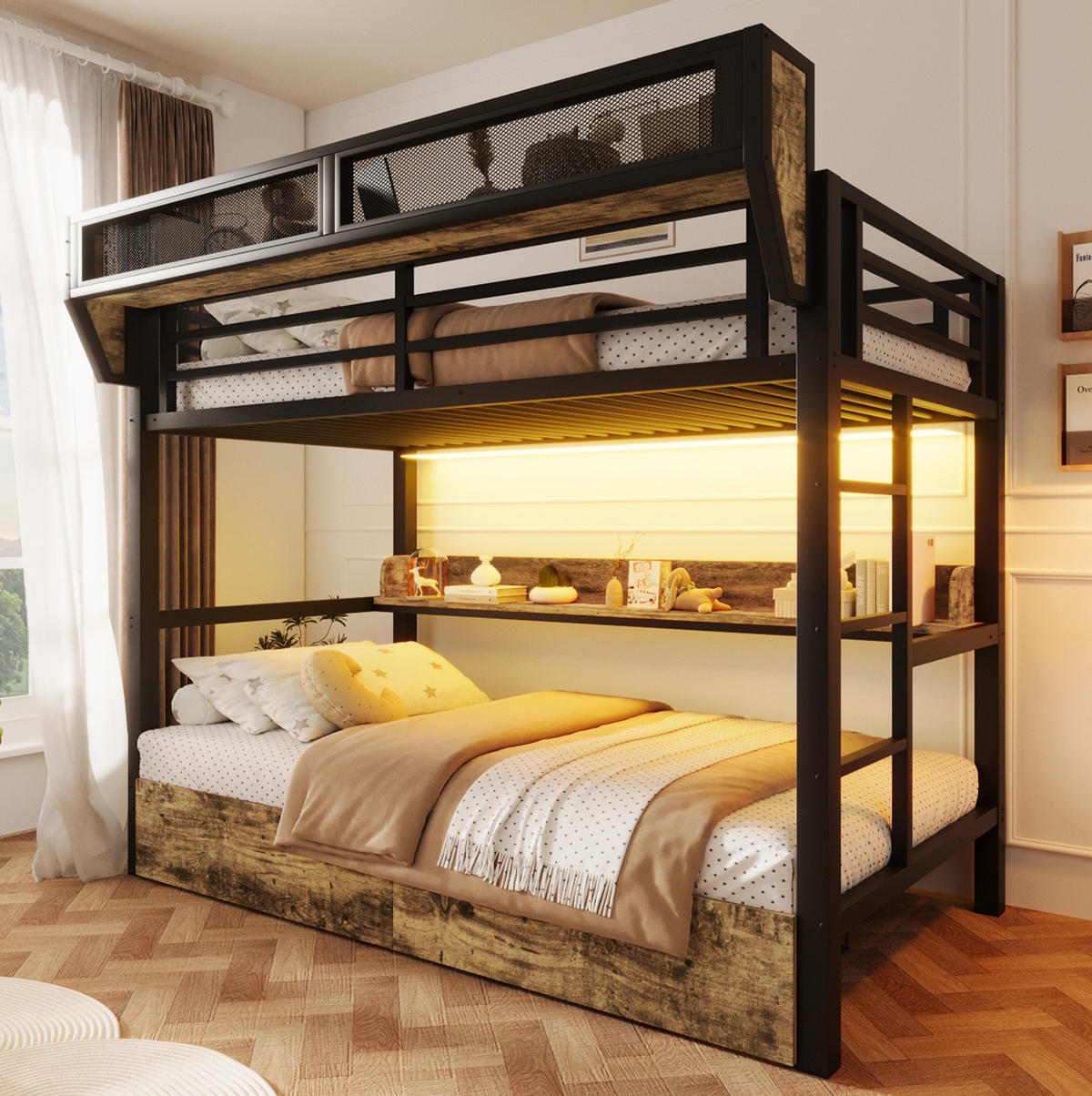 ETAGENBETT 90/200 cm aus Metall und MDF mit LED-Licht und Stauraum Schwarz - Schwarz, Holzwerkstoff (90/200cm) - Modenvie