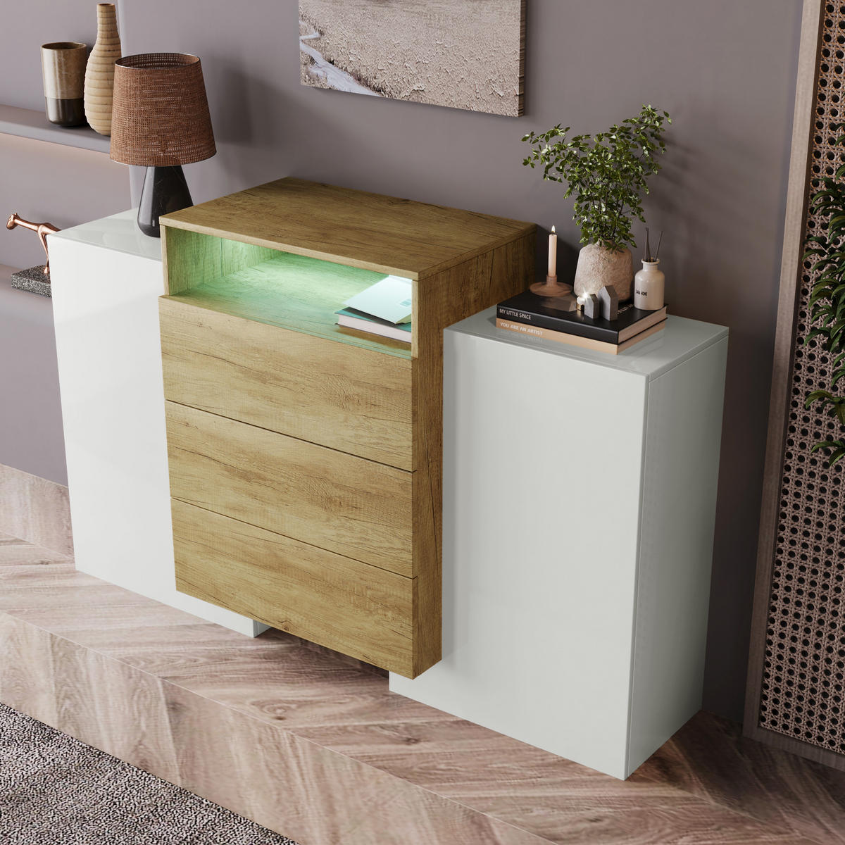 SIDEBOARD Weiß Holz 140cm LED Hochglanz modern - Naturfarben, Holzwerkstoff (37.5/91/140cm) - FLIEKS