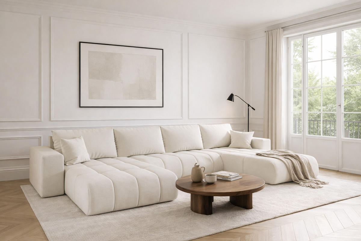 ECKSOFA mit schlaffunktion und bettkasten MILO U PREMIUM, stoff WIND, Ecru - Ecru, Holz (384/190cm) - Kaiser Möbel