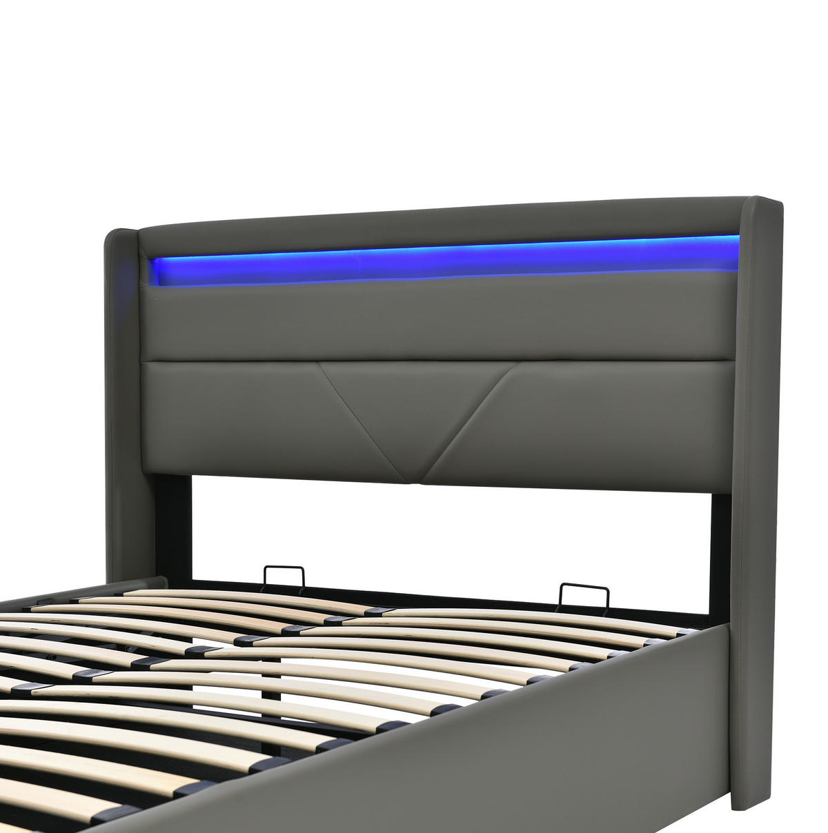 POLSTERBETT aus PU 140x200 cm Grau mit LED-Beleuchtung, Fernbedienung und hydraulischem Bettkasten - Grau, Leder (140/200cm) - IVMEU