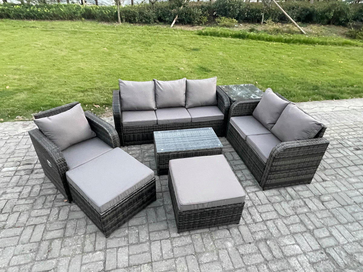GARTENSET Polyrattan Dunkelgrau 6-Sitzer - Dunkelgrau/Grau, Glas/Kunststoff - Fimous